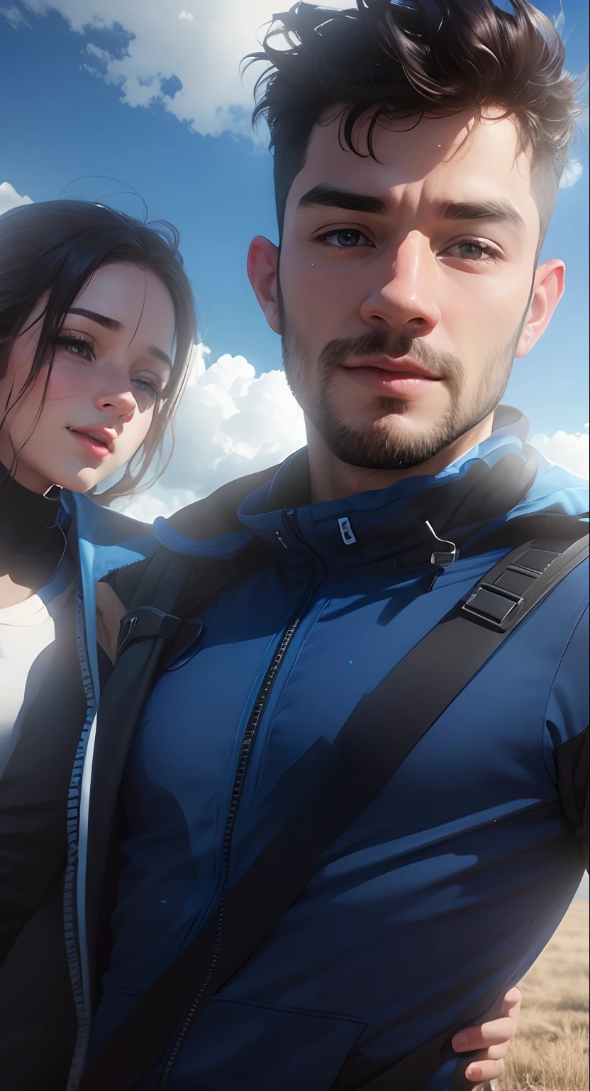 Blue sky background,cute animated couple,8k, ultra realistic,