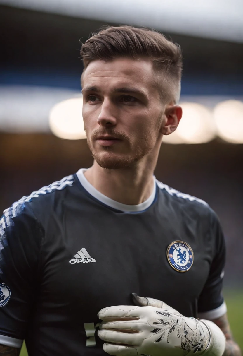Scottish man soccer player, cabelo grande curto, 28 anos, rosto marrento, goleiro, tattooed left arm, in Chelsea