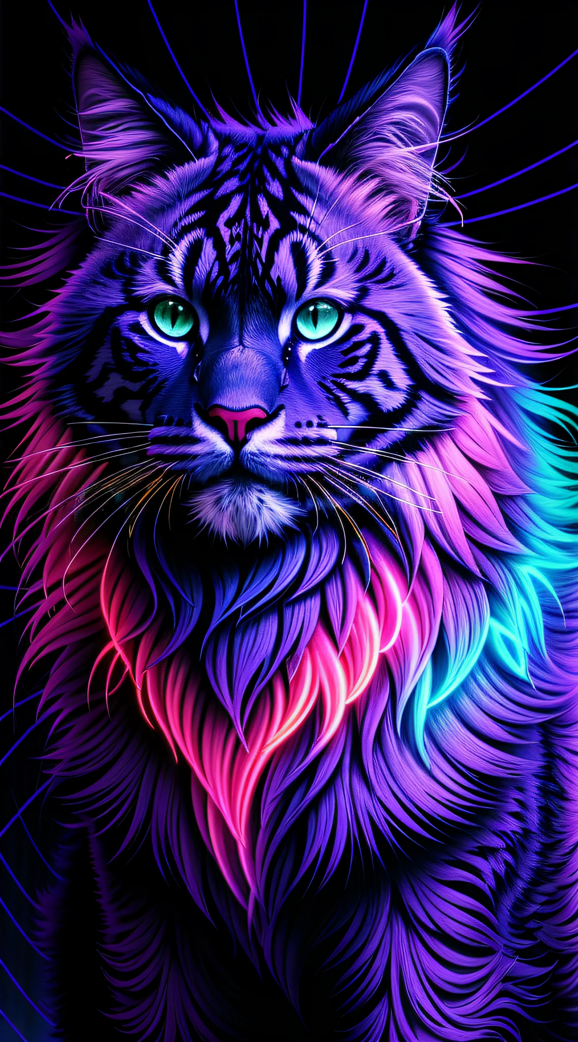 mainecoon bioluminescente, obra-prima, melhor qualidade, neon lighting, Cyberpunk style menacing look, abstract setting, muitos detalhes, melhor qualidade, intimidador, cores saturadas