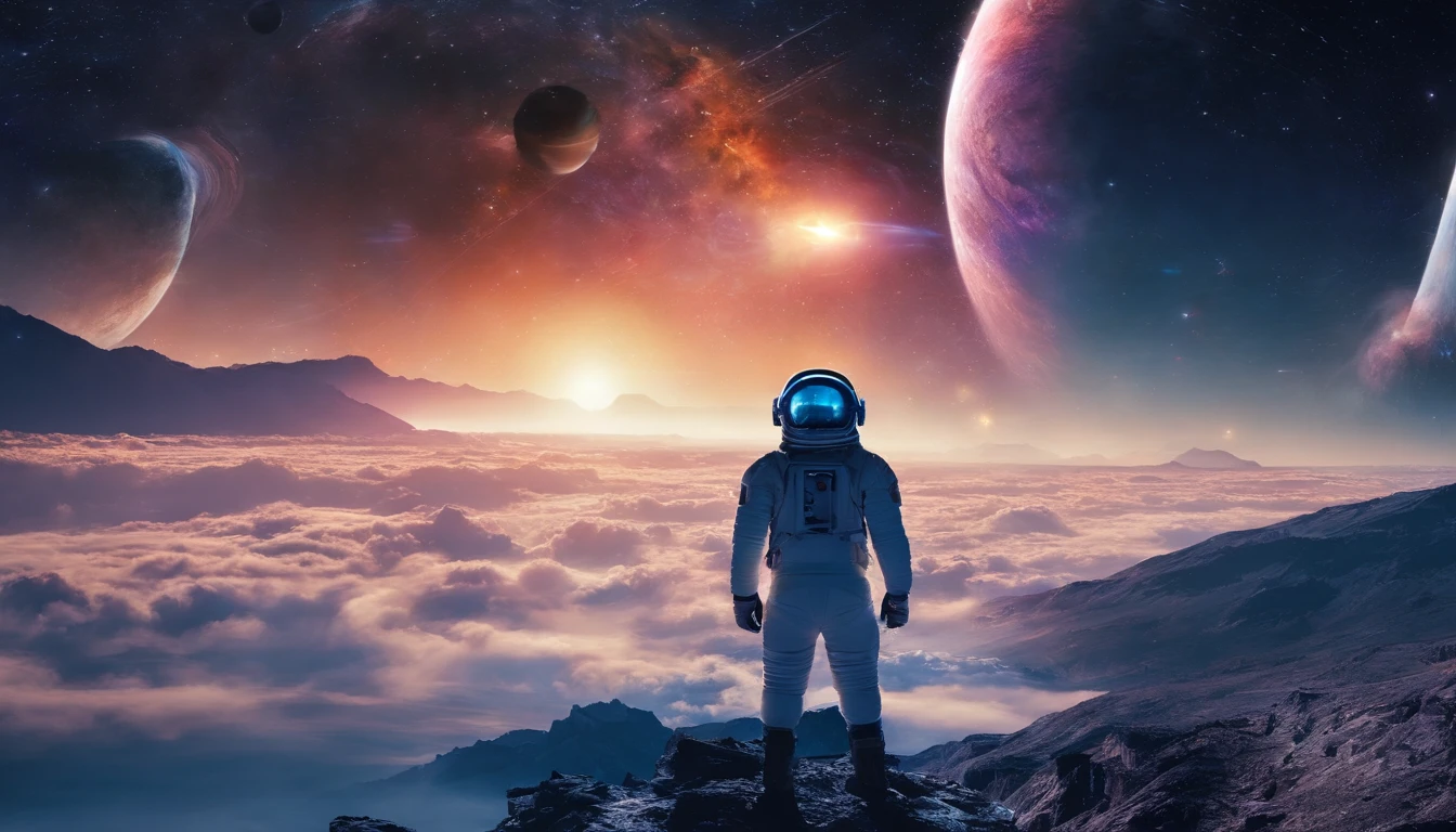 Paisagem fantastica em um planeta estrangeiro, Sky full of distant planets, um homem com traje espacial de cor azul, Planets with rings in the sky