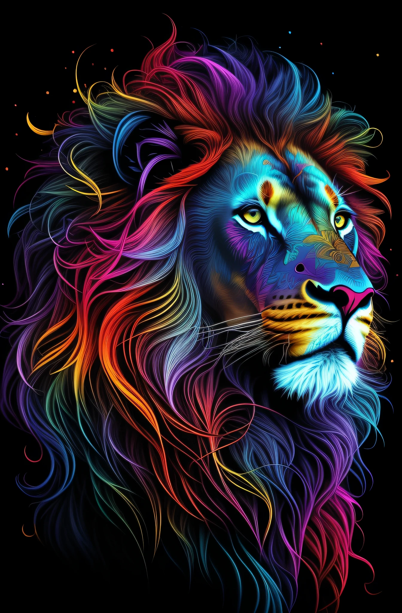a close up of a lion with a colorful mane on a black background, full of colors and rich detail, with the mane of a lion, fire lion, highly intricate and colorful, colorful hd picure, phone wallpaper hd, amazing wallpaper, the mane of a lion, hd phone wallpaper, detailed beautiful animals, strong and vibrant colors, intricate colorful masterpiece