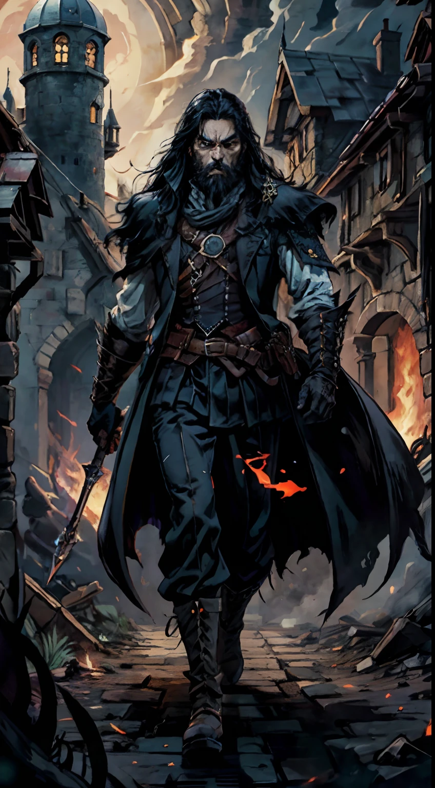 An old man with long black hair, black beard, a, deep and resolute eyes, glowing red eyes, well-defined features, stands on an endless dark castle, a dark fantasy-style outfit, black cloack, dark suit, combining elements of Central Asian ethnic clothing with, a thick and long vest-like coat, design in anime style, characterized by a sophisticated and mature manga illustration art style, full body character drawing, high definition, best quality, highres, ultra-detailed, ultra-fine painting, extremely delicate, professional, anatomically correct, symmetrical face, extremely detailed eyes and face, high quality eyes, creativity, RAW photo, UHD, 8k, Natural light, cinematic lighting, masterpiece:1.5
