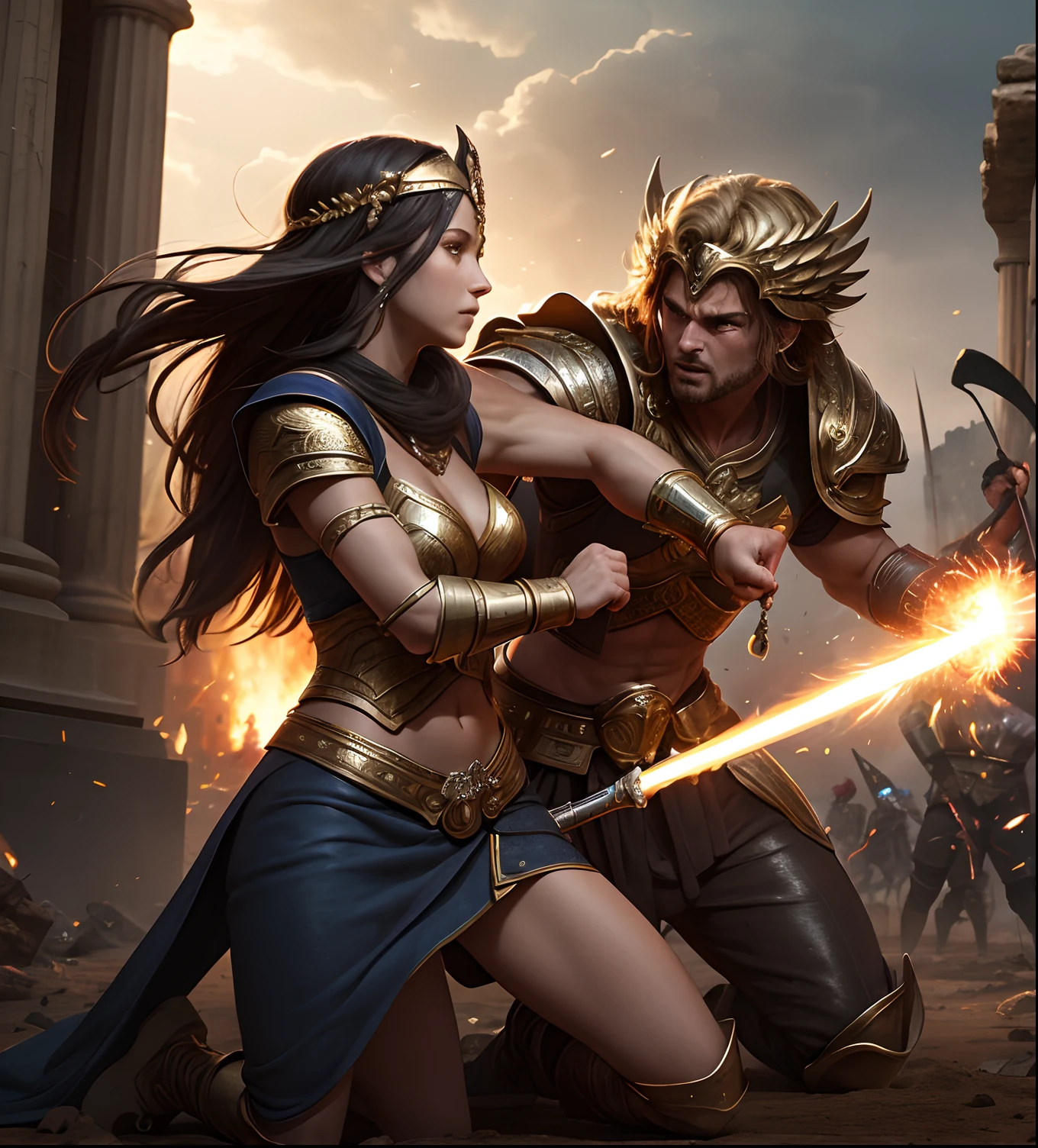 (a dynamic scene,highres,photorealistic,professional) Athena (with flowing golden hair,several feet taller than Ares,with a strong and commanding presence) and Ares (covered in battle scars,brawny and muscular,a fierce and menacing expression) engage in an epic battle in a mythical arena. Athena, dressed in shimmering silver armor with a spear and a shield adorned with a gorgon's head, gracefully dodges Ares' powerful attacks. A fiery explosion marks the clash of their weapons, illuminating the scene with vibrant hues of gold and crimson. The arena is filled with spectators, gods and goddesses from various mythologies, watching in awe and anticipation. The atmosphere is charged with energy, wind swirling around their figures, creating a dramatic effect. Rays of sunlight pierce through the clouds above, casting shafts of light onto the battlefield. The ground beneath them cracks, revealing a hint of ancient ruins buried beneath. Sparks and embers dance in the air, adding depth and intensity to the scene. As they battle, their movements leave traces of energy and magic in the air, forming intricate patterns of light and color. The clash of weaponry echoes throughout the arena, an auditory spectacle that reverberates with power and determination. In the background, towering statues of Greek and Roman gods stand witness to the confrontation, their stony gazes fixed upon the unfolding drama. The scene captures the essence of strength, courage, and the eternal struggle between war and wisdom.