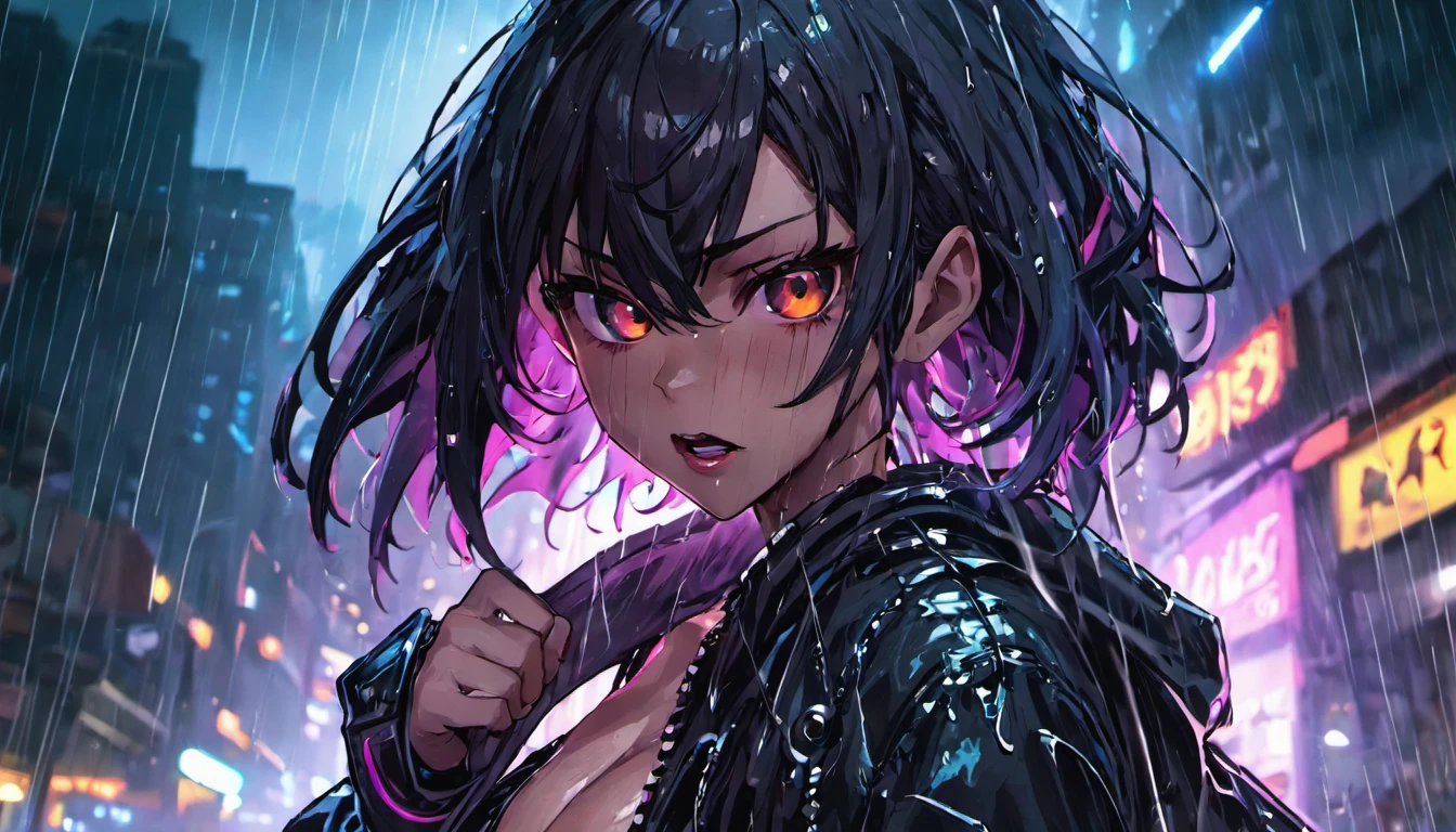 fotografia de close-up, jovem mulher cyberpunk confiante com cabelos preto, inspirada em Sasha Sloan, on a rain-soaked street at night, fotorrealista, Cinematic lighting, corpo inteiro, foto de corpo inteiro