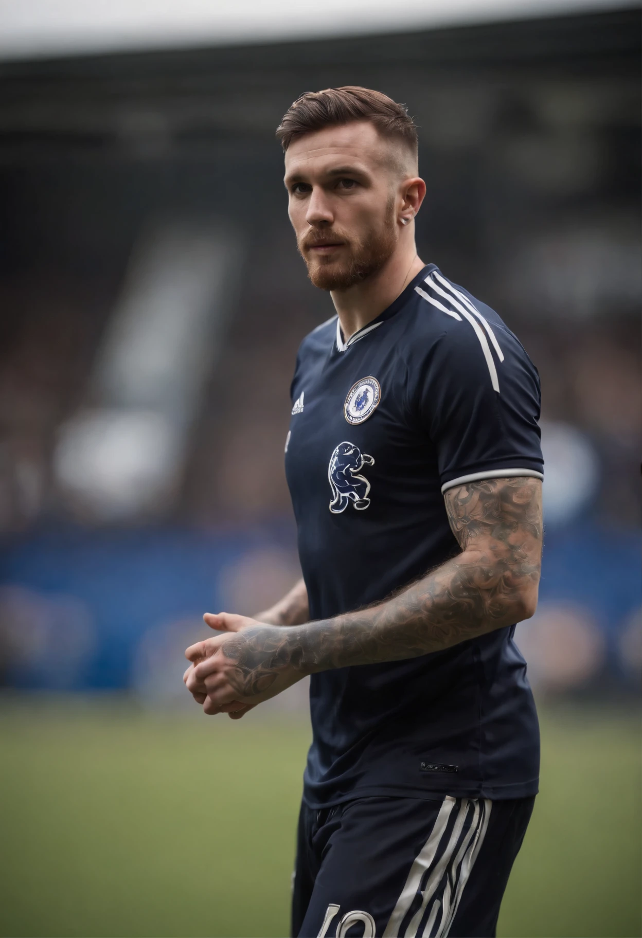 Scottish man soccer player, cabelo grande curto, 28 anos, rosto marrento, goleiro, tattooed left arm, in Chelsea