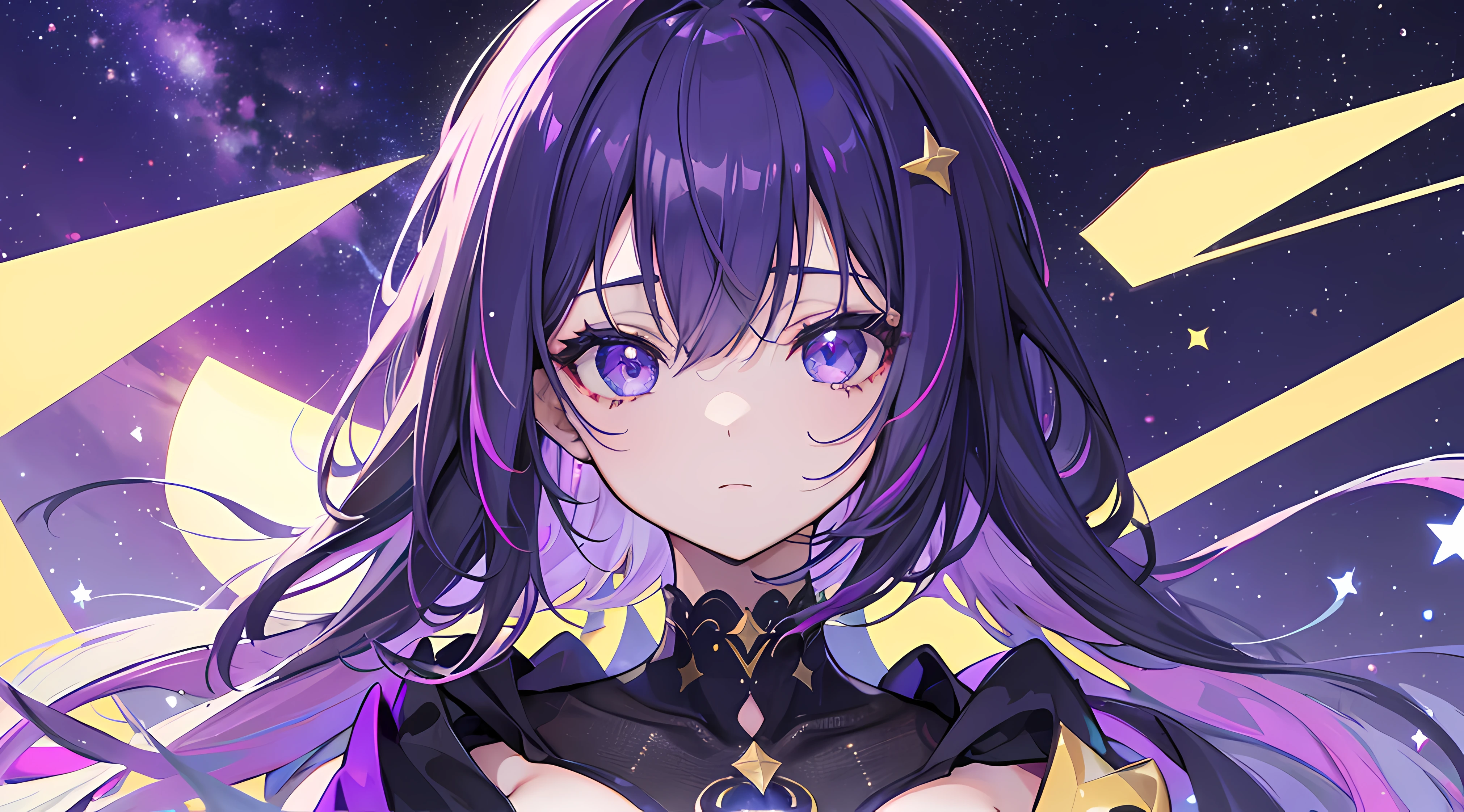 1 chica, Pelo violeta corto con estrellas, ojos violeta con estrellas, high resolusion, ultrasharp, 8k, Obra maestra, Mirando al espectador, close-up, face only, purple galaxy in the background, sudadera negra, tetas enorme, sexy