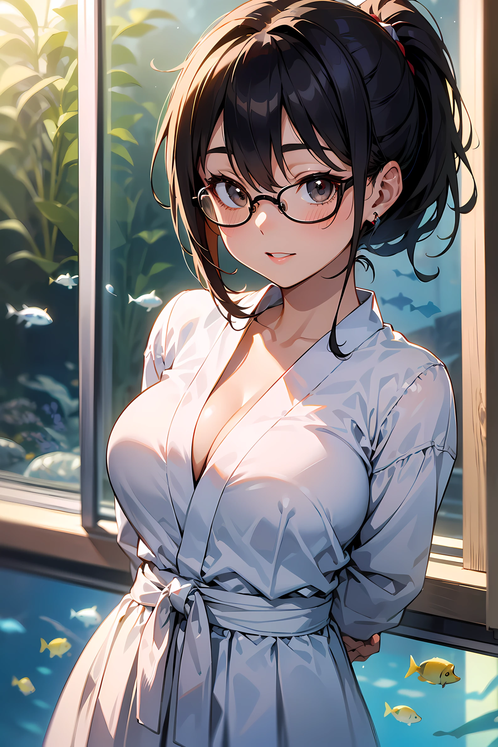 high resolution, Photo of a beautiful woman detailed_face, young handsome girl,realistic:0.5, perfect skin, (wearing a glasses:1.5), (ultra-detailed background, detailed background), bokeh, make happy expressions, happy emotion, gorgeous,pure, beautyfull detailed face and eyes,breasts, (black eyes:1.1), (Audrey Hepburn:1.3), (a extremely pretty and beautiful Japanese woman), (sexy girl), (professional attire:1.3), (22 years old: 1.1), BREAK, (miko outfit:1.2), (white dogi:1.2), (red hakama:1.2), (leather boots))), cleavage, beautiful detailed skin, (cute:1.2), (blonde hair), ((jpop idol)), (upper thigh:0.6), (depth of field),soft light, Lens Glow looking at viewer, (Drooping eyes:1.2), straight teeth,smile, floating hair, (blond hair:1.2), brown eyes BREAK movie scene, cinematic, full colors, 4k, 8k, 16k, RAW photo, masterpiece, professionally color graded, professional photography, high school girl, hair up, , soft clean focus, realistic lighting and shading, (an extremely delicate and beautiful art)1.3, elegant,active angle,dynamism pose BREAK (ponytail:1.3), (shiny-black thin hair:1.2), bangs, dark brown eyes, beautiful eyes, princess eyes, (big eyes:1.3), bangs, wearing a glasses:1.3, Hair between eyes, short hair:1.3, (slender:1.1), (medium-breasts:0.95), (thin waist: 1.15), (detailed beautiful girl: 1.4), Parted lips, Red lips, full-make-up face, (shiny skin), ((Perfect Female Body)), (upper body image:1.3), Perfect Anatomy, Perfect Proportions, (most beautiful Korean actress face:1.3, extremely cute and beautiful Japanese actress face:1.3), ,(1glasses girl:1.3, solo), ,(blush:1.1), gray background, solo focus, (bust shot:1.2), cinematic light, (nostalgic night scene:1.4), (aquariums:1.4), (In front of the giant aquarium in the aquarium:1.3), Huge sink、Marine life、shark、blue whale、manta ray、 (arms behind back :1.4), (looking at viewer:1.2