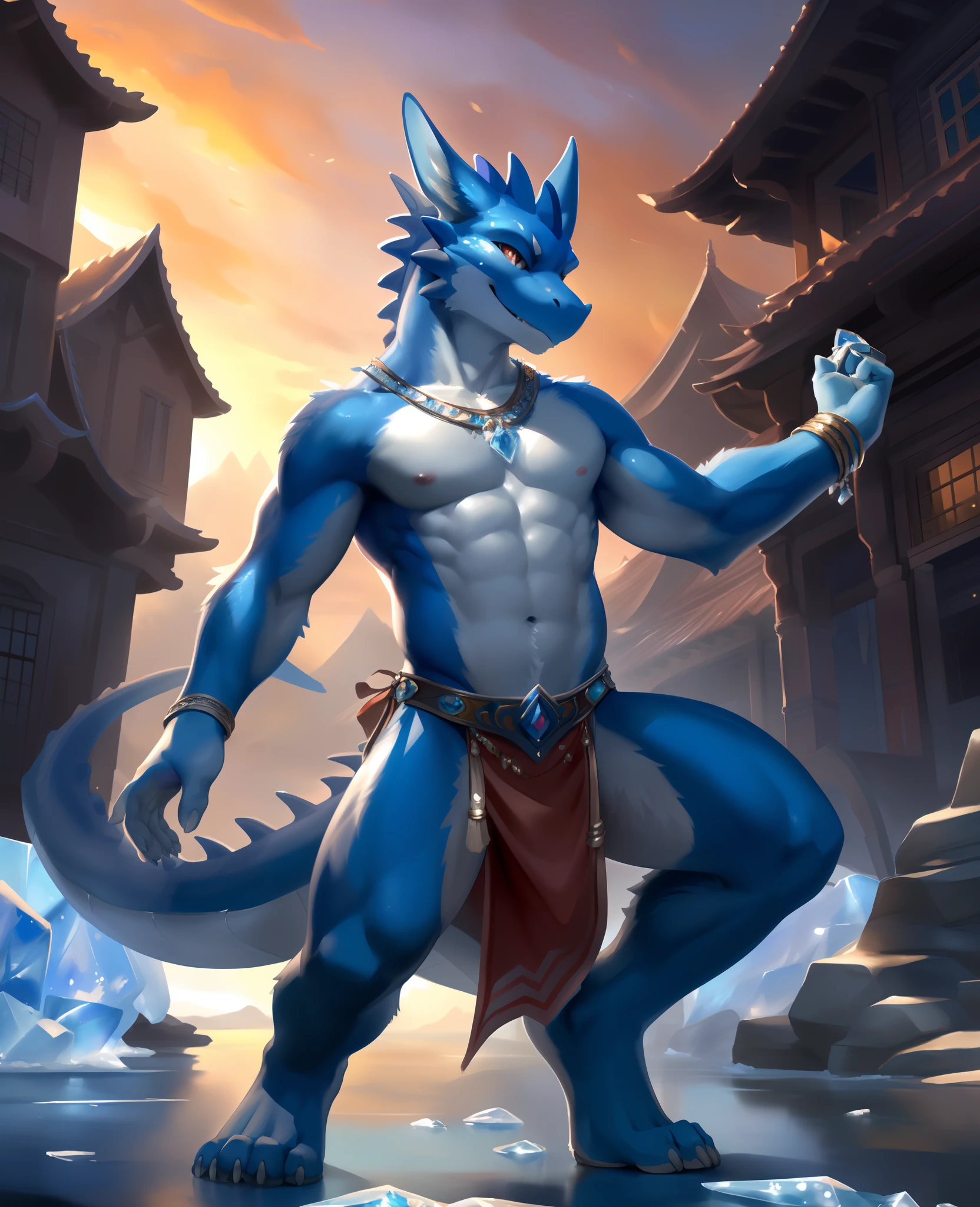 masterpiece, high quality, absurd res, digital painting \(artwork\), solo, (kemono:1.4), male anthro dragon, blue body, ice, (dancing), smile, sunset, loincloth, by (by Pino Daeni, (by ruaidri), yupa, kiyosan), detailed background, anime, (dark shadows, wide dynamic range, hdr, low light:1.2).