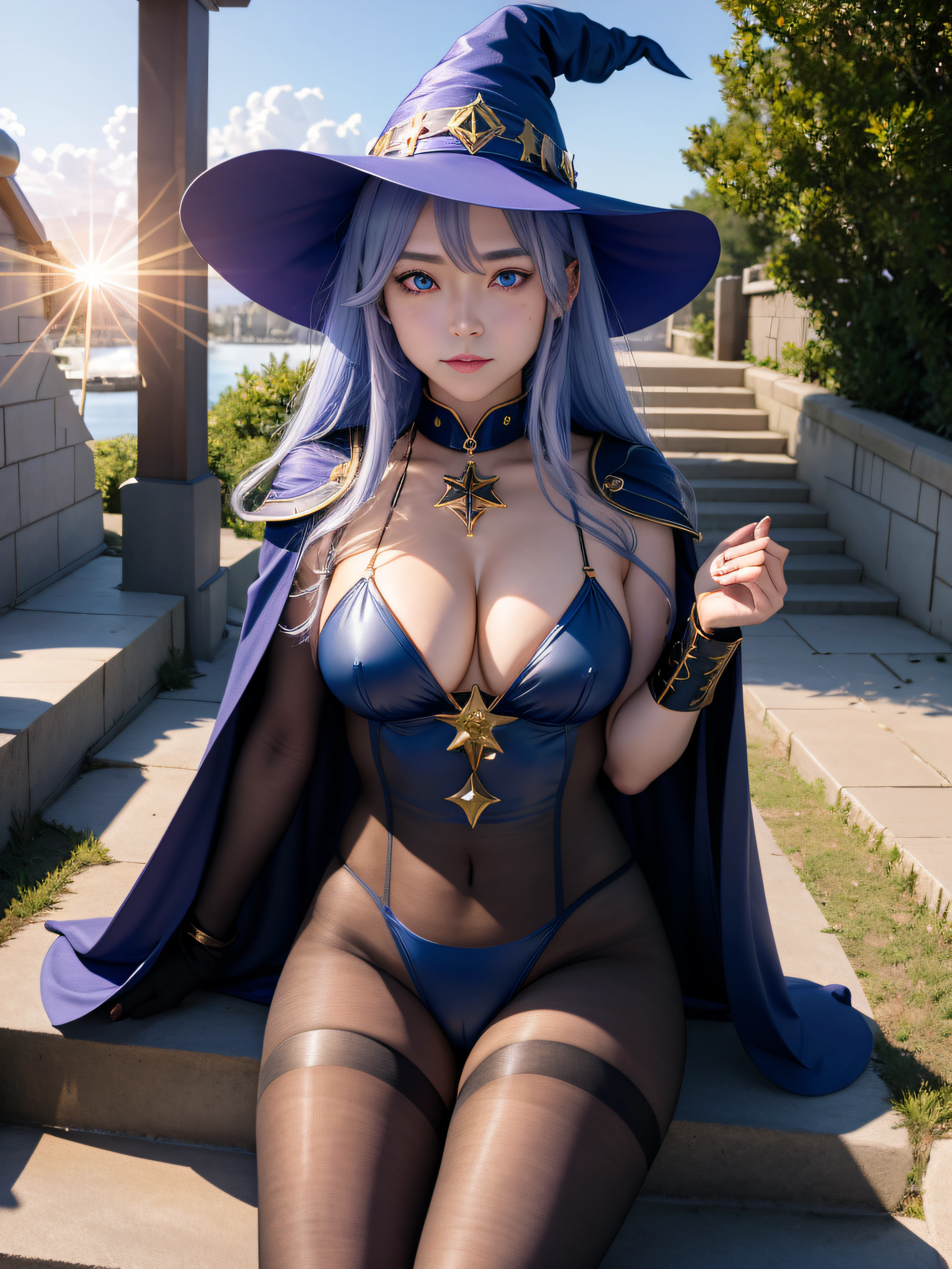mona_tpa, 1girl, witch hat, stairs, shrine, lens flare, star_(symbol) pantyhose, day, aqua eyes, small breasts, cloudy sky, highly detailed, absurdres, masterpiece, highly detailed, absurdres, masterpiece,