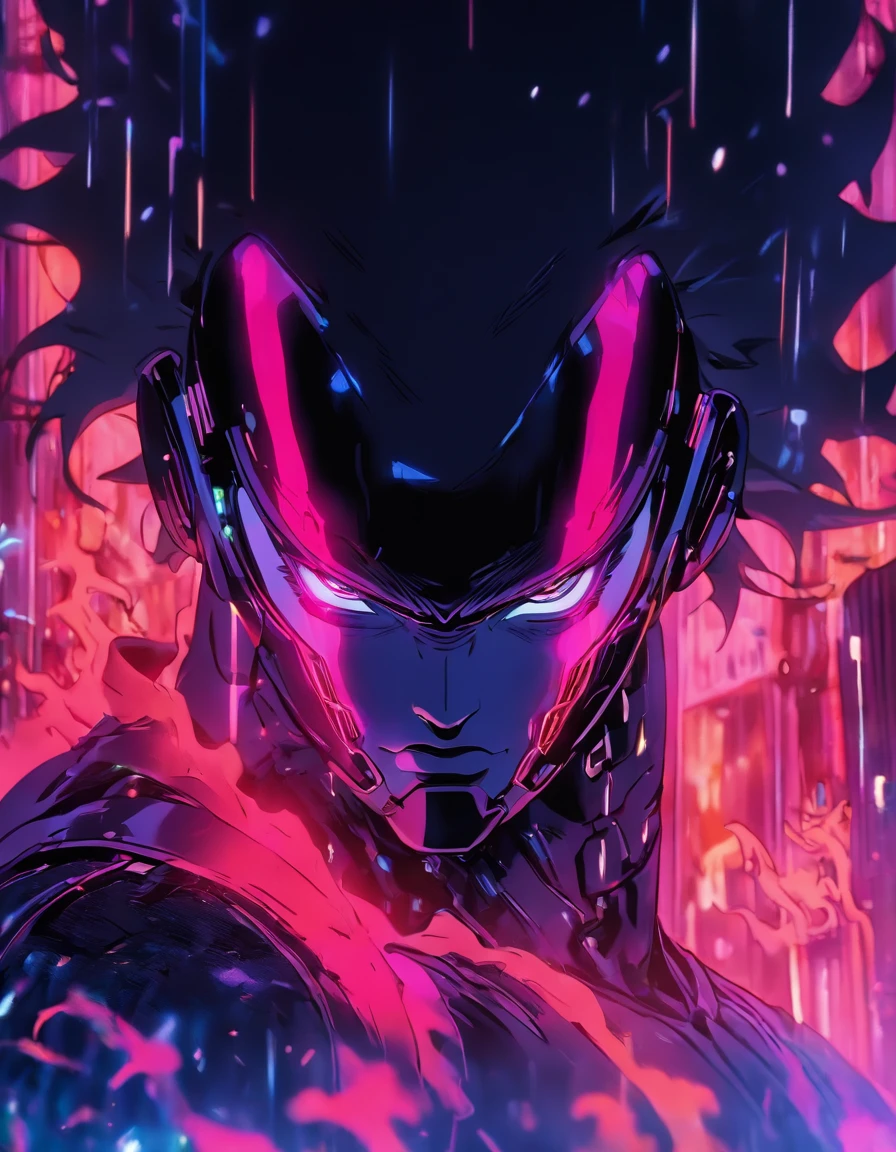 "8K, Front view, Ghost in the Shell, Ethereal neon smoke, A cybernetically enhanced male warrior holding a immense glowing sword looking down at the viewer, Alleyway in Neo Tokyo covered in neon smoke, Shaved head with cybernetic implants visible, Tactical cybernetic helmet with glowing neon lines, One glowing red cybernetic eye staring while other is concealed, Regular ears, Stern intimidating expression, Bright otherworldly glow lighting from smoke bouncing off cybernetic enhancements, Fujifilm GFX 100s medium format camera, ISO 64, f/1.4, 1/1000s"