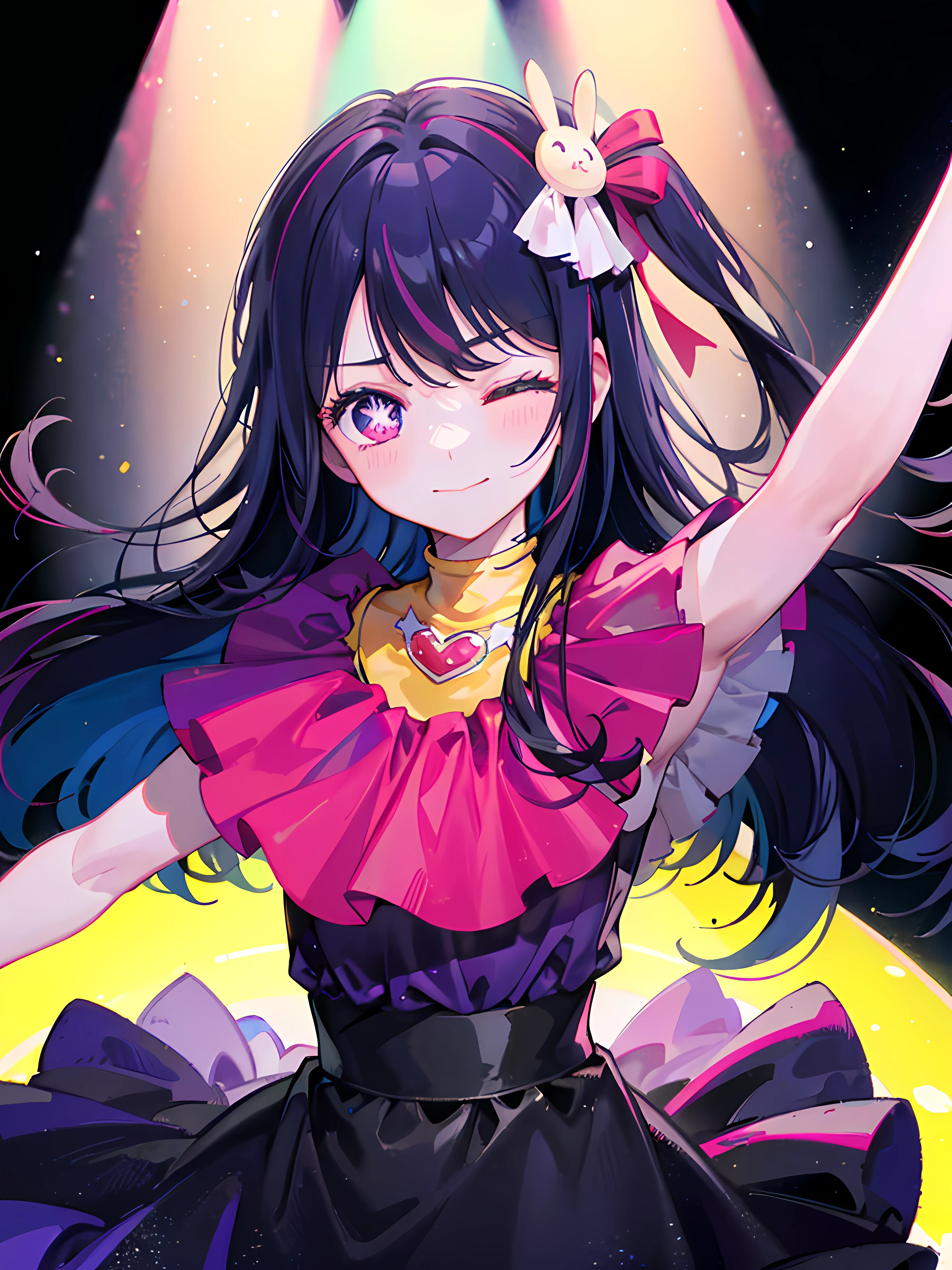 1 girl,(Ai Hoshino, Long hair, Purple hair, Striped hair ,Purple eyes, Star-shaped pupils, hair adornments) ,((Masterpiece)), ((Best quality)), (Ultra-detailed), ((kawaii)), Cute, (Lovely), ((Extremely detailed)), 4K, (8K), Best quality, (Beautiful), Extremely detailed CG of the game, Live performance venue, A cute girl, 1girll, Solo, heartthrob, Beautiful short black hair, Colorful glow sticks,Colorful spotlight hair ornaments, Smile, Closed eyes, ((heartthrob)), Big smile, Purple dress