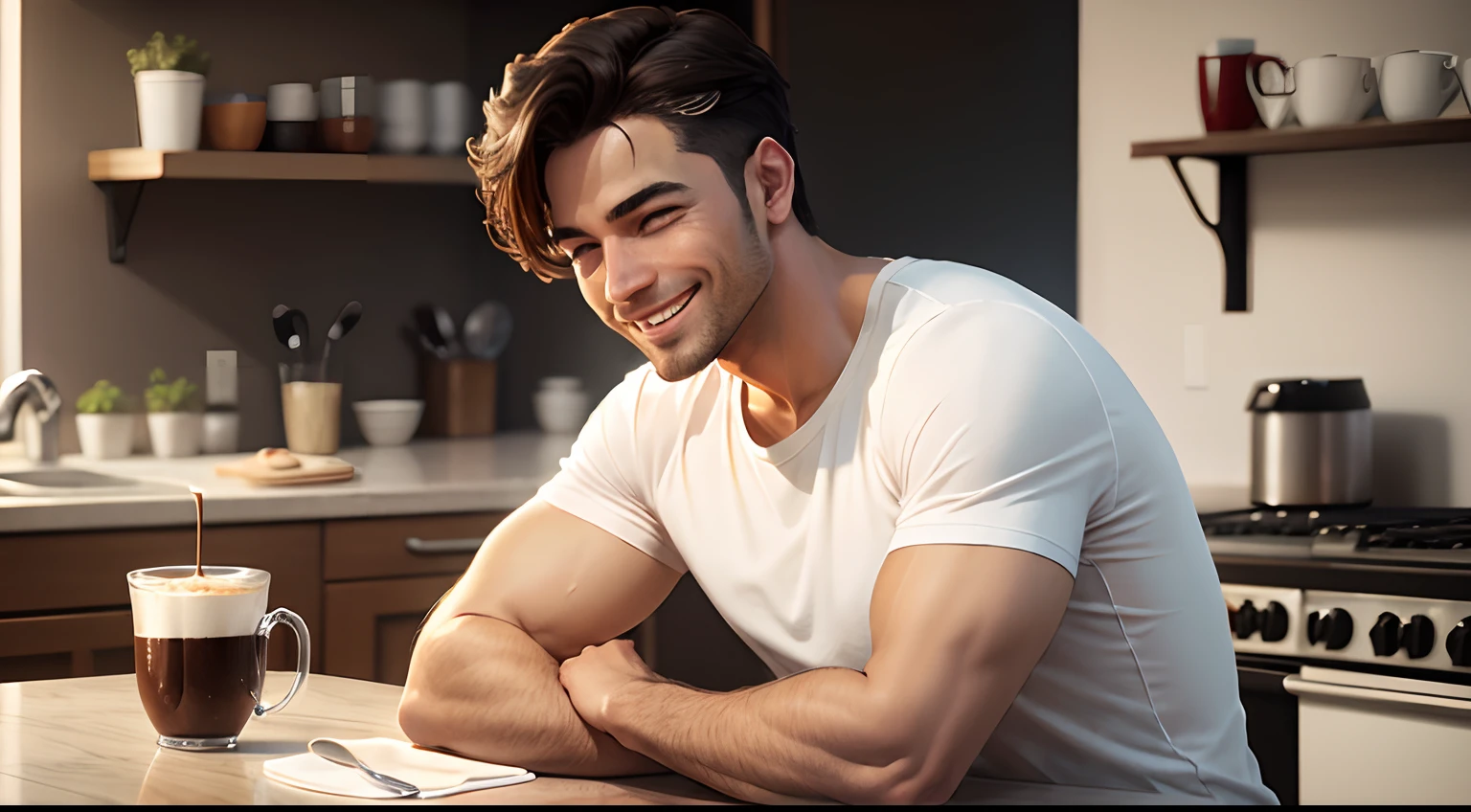 Man in white T-shirt smiling at the sight of a coffee, en una mesa de la cocina