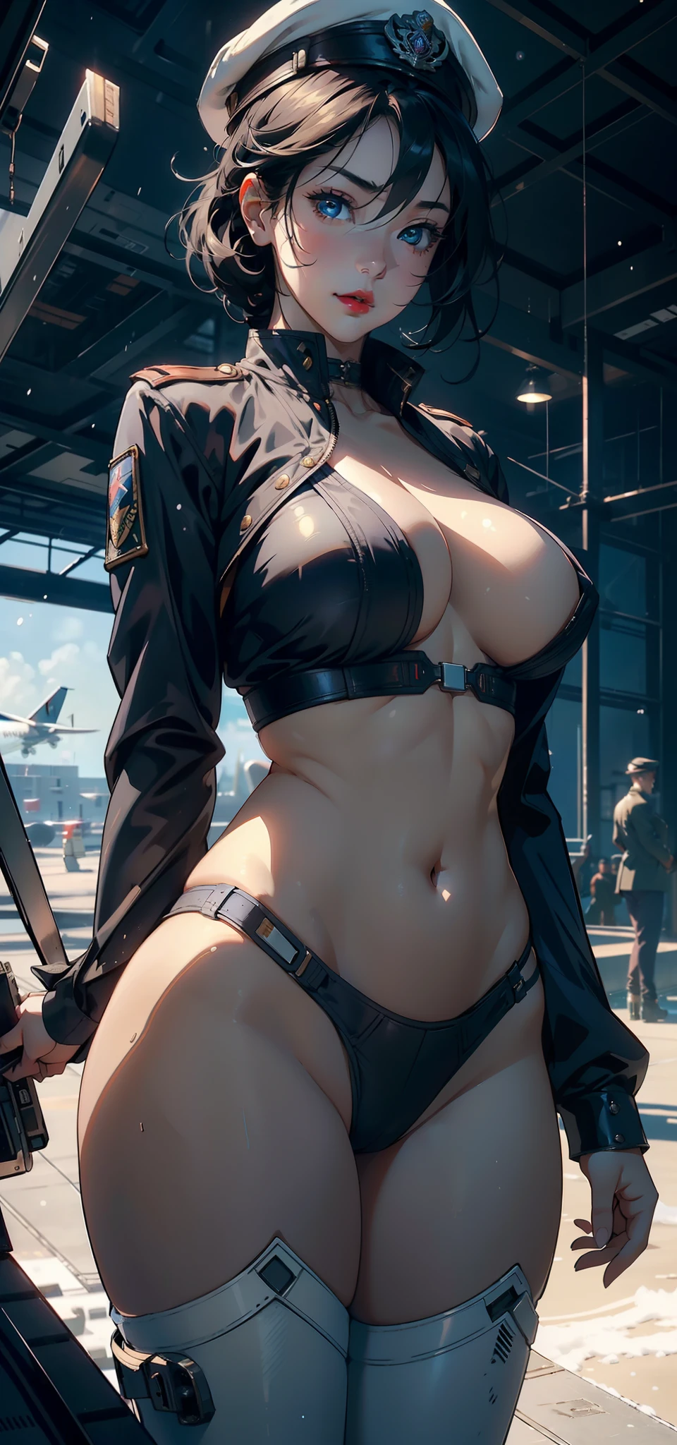 1female,35yo,plumw,extremely large bosom, 独奏,(Background with:Huge machinery,droid,aerodrome,Planes,Huge mechanical armor,) She has very short black hair,bobo head,Stand on the plane,,seen from the front, hair straight, mostly cloudy sky,(((tmasterpiece),(Very detailed CG unity 8K wallpaper),best qualtiy,cinmatic lighting,detailed back ground,beatiful detailed eyes,Bright pupils,Blue eyes,Snow-whiteskin,Redlip(Very fine and beautiful),(Beautiful and detailed eye description),ultra - detailed,tmasterpiece,))facing at camera,A high resolution,ultra - detailed),revealing breasts,Bare genitalia, Bulge,legs are open,Raised sexy,Camel toes,Flushed complexion,Desire for dissatisfaction,frontage,British Air Force,Aviator,Officer's cap(Wearing:blazer jacket,tailcoat,White color blouse,Bare breasts)Ancient Europe