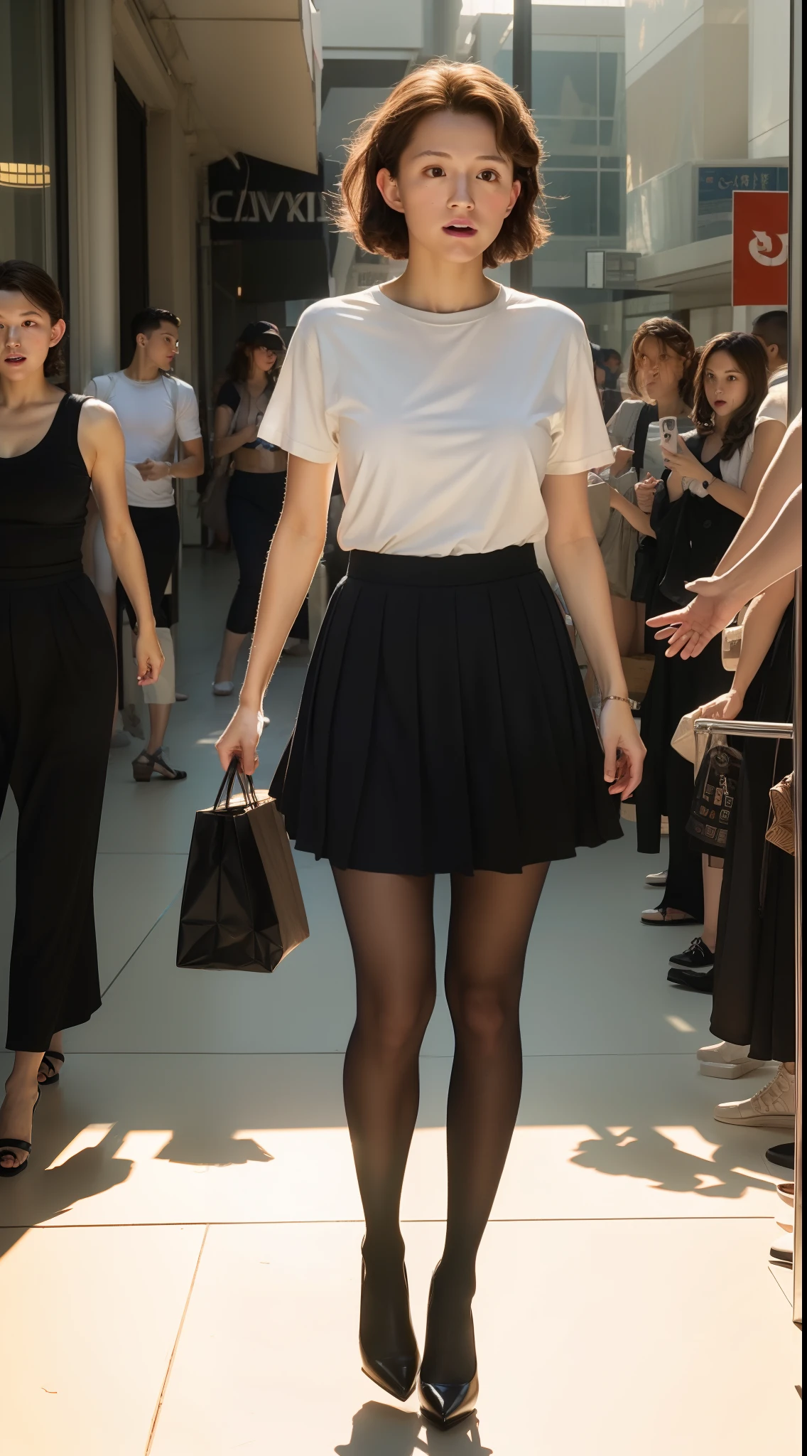 ((1Tom Holland)), large loose t-shirt, pleated skirt, black tights to the waist, high heels, female body, full body photo, puffy nipples, very light skin, short hair, wavy hair, shopping mall, photorealistic, indirect lighting, volumetric light, ray tracing, hyperdetailed