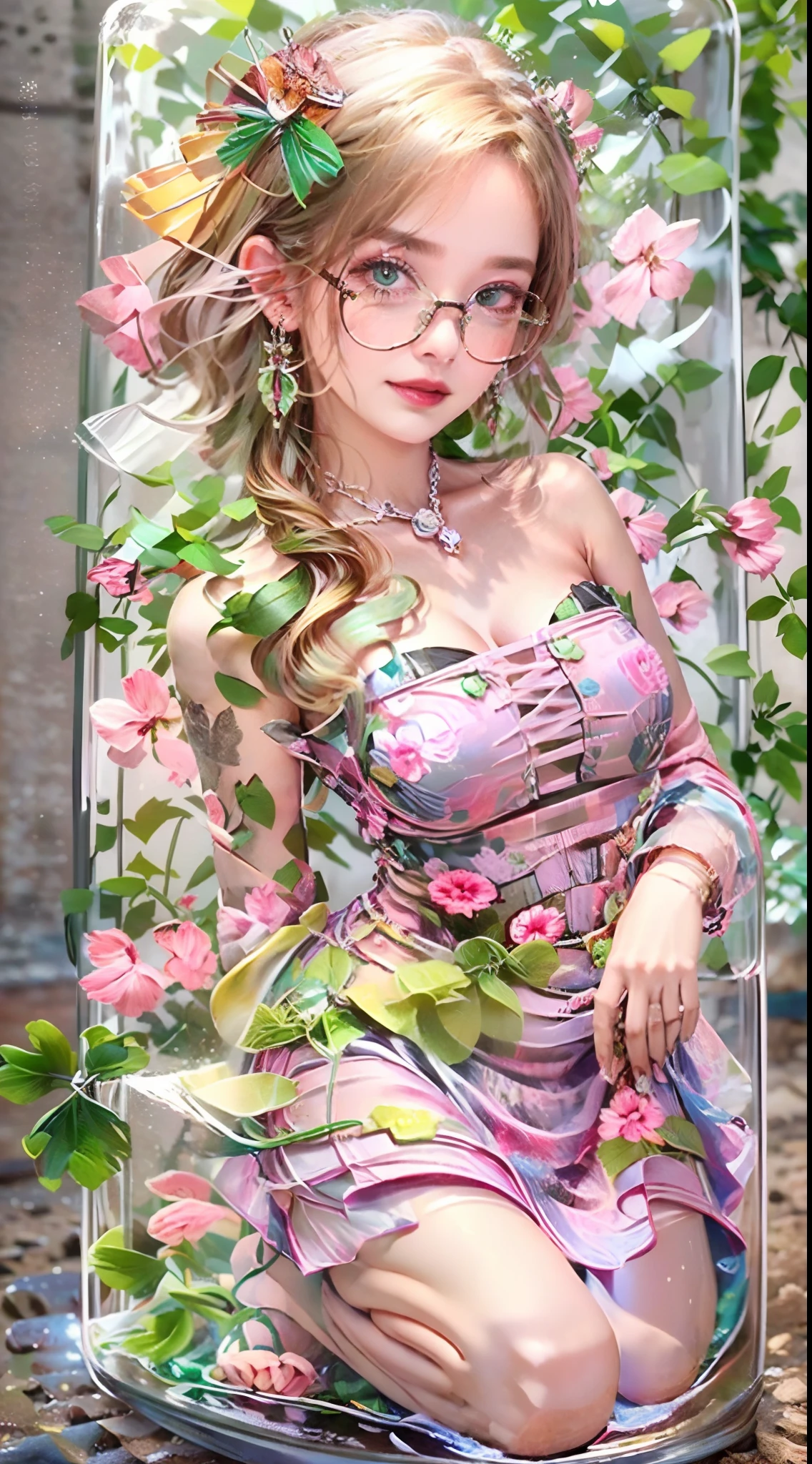 (Best quality,32K,A high resolution,Masterpiece:1.2),Ultra-detailed,(Realistic,Photorealistic,photo-realistic:1.37),Green clover hair,detailed hairs,Detailed eyes,Metal glasses frame,Tempting eyeballs,Reflective,Plump pink lips,Heart-shaped earrings,smiling expression,Pink translucent maxi dress，Packed in glass bottles