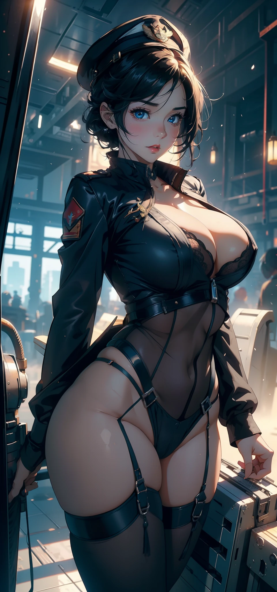 1female，35yo，plumw，extremely large bosom， 独奏，（Background with：Huge machinery，droid，aerodrome，Planes，Huge mechanical armor，） She has very short black hair，bobo head，Stand on the plane，，seen from the front， hair straight， mostly cloudy sky，（（（tmasterpiece），（Very detailed CG unity 8K wallpaper），best qualtiy，cinmatic lighting，detailed back ground，beatiful detailed eyes，Bright pupils，Blue eyes，Snow-whiteskin，Redlip（Very fine and beautiful），（Beautiful and detailed eye description），ultra - detailed，tmasterpiece，））facing at camera，A high resolution，ultra - detailed），revealing breasts，Bare genitalia，  Bulge，legs are open，Raised sexy，Camel toes，Flushed complexion，Desire for dissatisfaction，frontage，British Air Force，Aviator，Officer's cap（Wearing：blazer jacket，tailcoat，Lace lingerie big breasts，Bare breasts）Ancient Europe