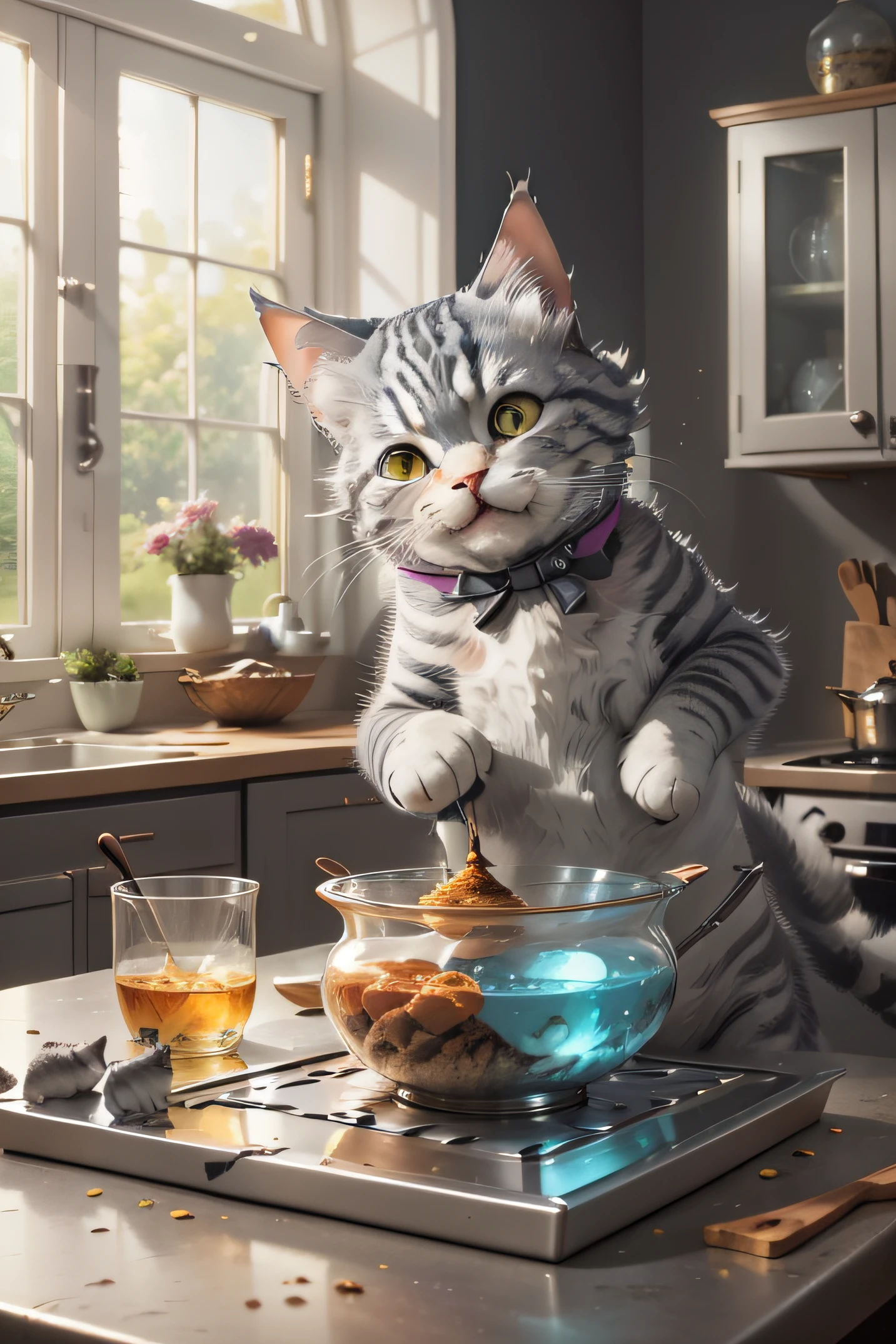 Close-up of photography revealing (The gray tabby cat, en pleine crise de fou rire, while concocting a delectable dish on the glasstech table in the kitchen:1.2), (c4ttitude:1.3), The details captured are so meticulous and fine that they seem hyperrealistic, (Nebulous:1.1), Vision from a lower angle. Each laugh of the cat creates a joyful and communicative atmosphere, making this image a true living work of art.