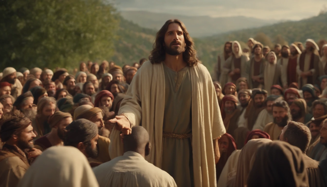 Jesus telling parables in a crowd, Realistic, 8k, cinemactic