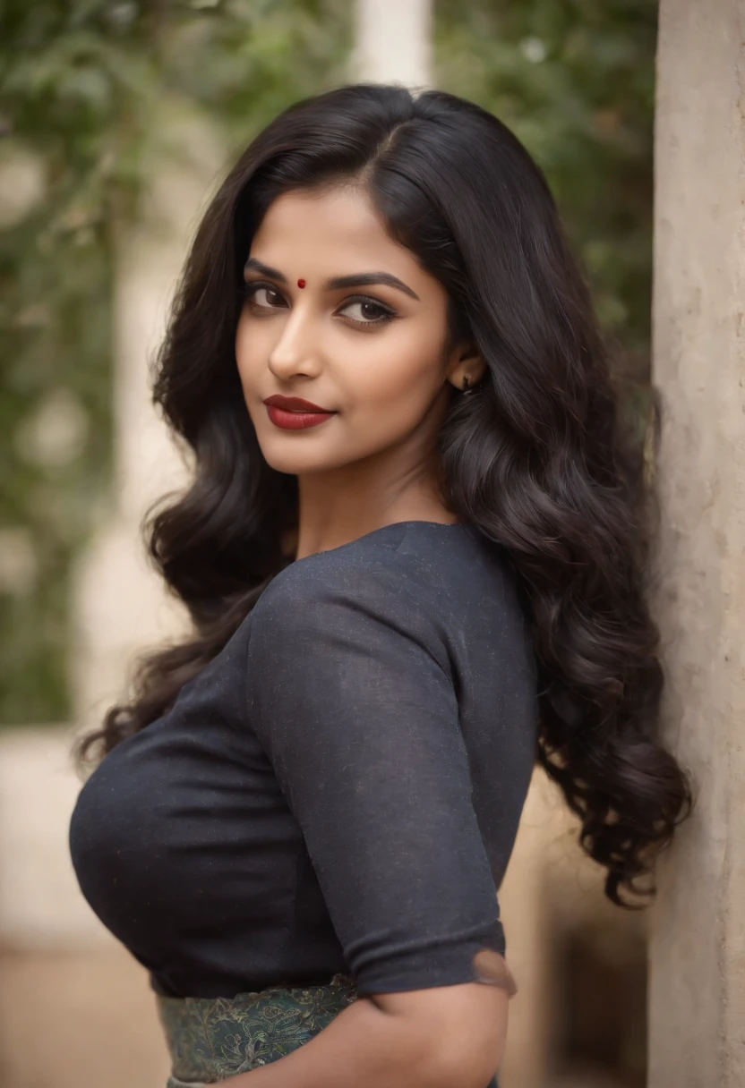 panoramic long shot of a beautiful south indian girl, dynamic pose, old classic , wavy black hair, 50s pin up style, intricate, detailed, DSLR camera , 8K UHD, deep blacks, post processing, nubian nose, protruding teeth