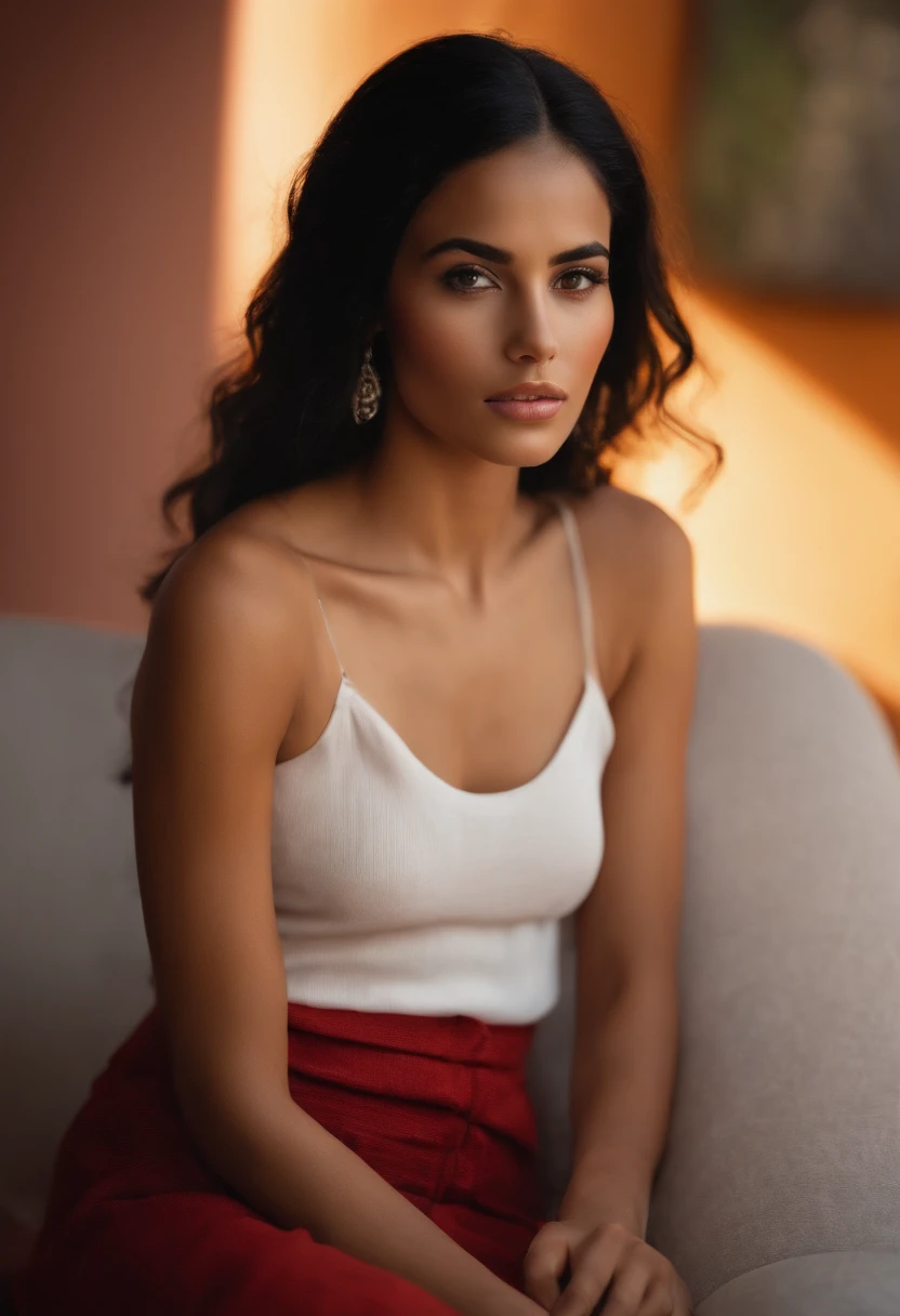 Arafed woman in a red dress sitting on a sofa, 18 years old, hermosa novia, ayahausca, poco caliente, 21-year-old, seductora pose sentada, pose casual, 1 6 years, 2 4 year old female model, Asian girl, vestido corto, Angelawhite, Sentado en una cama, seductoramente mirando al frente