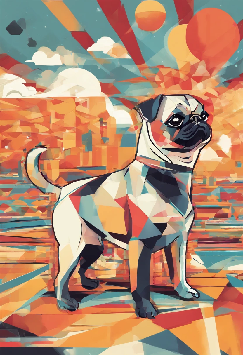 (Nvinkpunk:1.2) (Estilo SNTHWVE:0.8) um cachorro Pug, antro, onda de luz, Sunny midday sky with lots of clouds, intrincado, altamente detalhado