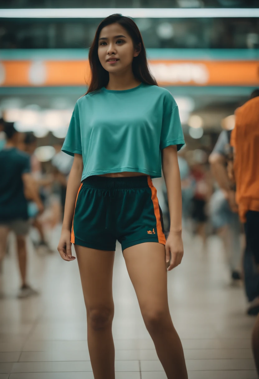 Malaysia girl wearing sport shorts, crop top, shopping centre, crowded people, bokeh, realistic lighting, realistic photo, teal and orange colour grading