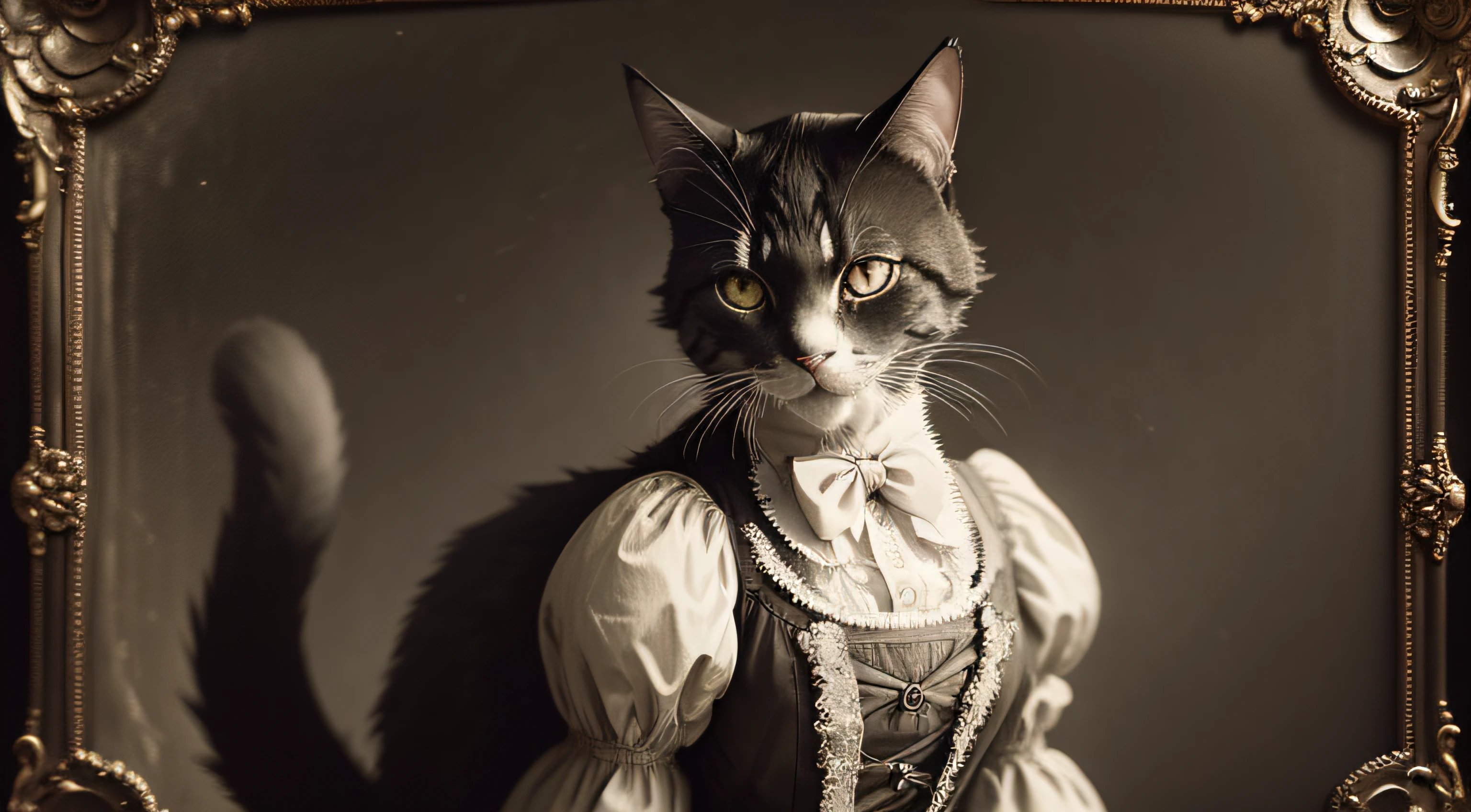 A cat ((animal)) dressed in Edwardian clothing in a daguerreotype style portrait, gothic couture, haute couture of Victorian/Edwardian style clothing, , airbrush, pencil drawing, mixed media, matte painting, hudson river school, hyperrealism, sturm und drang, rococo, renaissance painting, elegant detailed Edwardian style background,