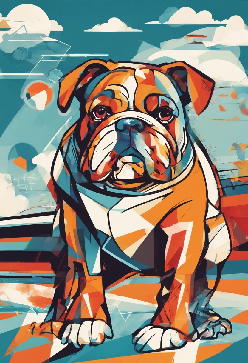 (Nvinkpunk:1.2) (Estilo SNTHWVE:0.8) um cachorro bulldog inglesa, onda de luz, Sunny sky at noon with lots of clouds, intrincado, altamente detalhado