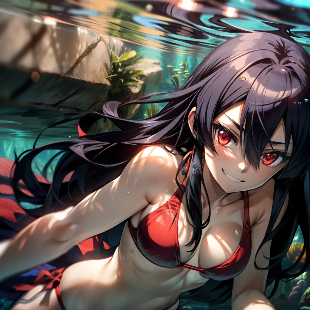 Akame (akame ga kill), red bikini, underwater, smiling