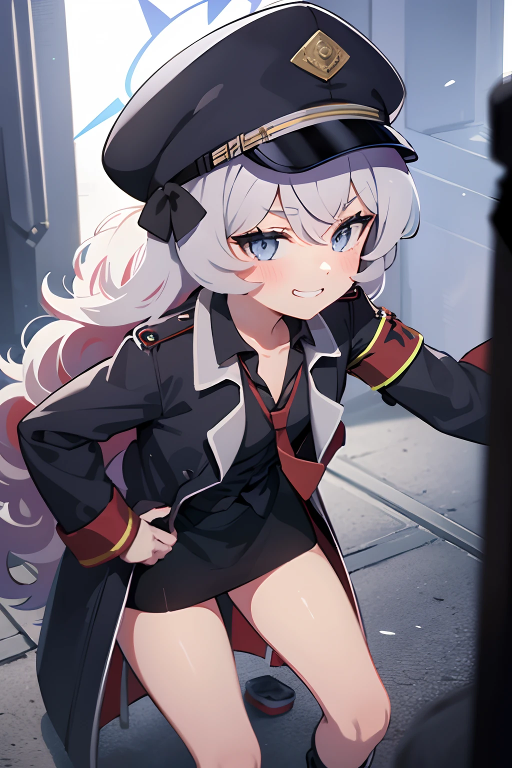 1girl, small body, white hair, blue eyes, smug smile, black trench-coat, military clothing, urban background, cyberpunk, futuristic, sci-fi