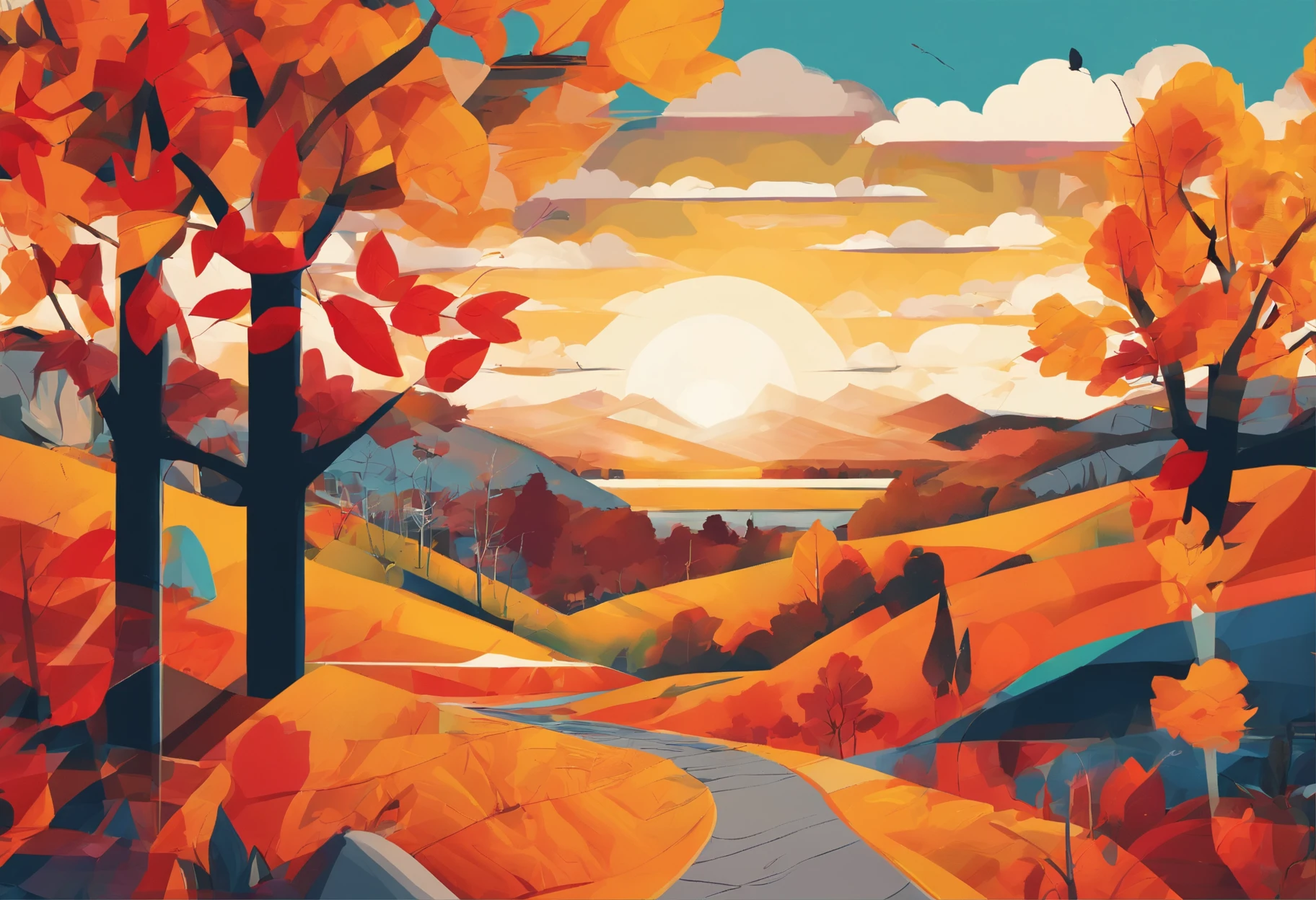A vibrant and colorful depiction of the changing seasons, with a focus on the beauty of autumn. The image should show a landscape filled with rich, warm colors, such as reds, oranges, and yellows, as leaves turn and fall from trees. The scene should also include elements such as rolling hills, winding rivers, and towering mountains, all bathed in the golden light of the setting sun. The overall mood of the image should be one of serenity and beauty, reflecting the natural cycle of life and death apparent during the autumn months.