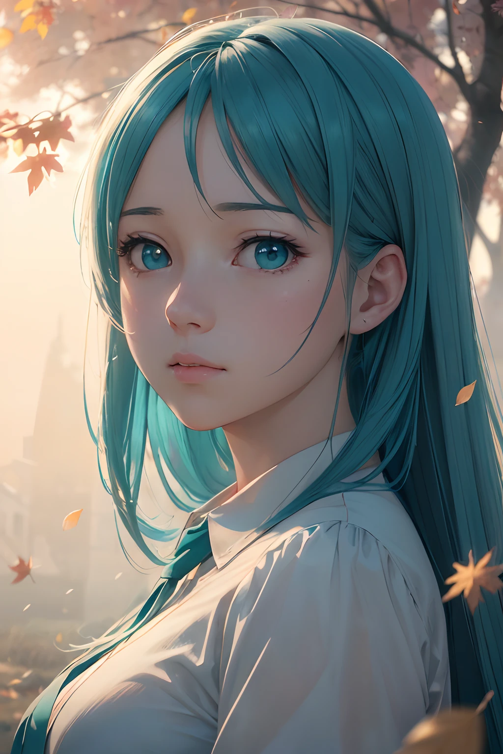 (high detail:1.2),Ultra-detailed,(Realistic,Photorealistic,photo-realistic:1.37),anime girl,Delicate colors,Cinematic lighting,falling leaves:1.2,Calm lighting,Vivid colors,the wind,mist,Turquoise,Delta shades,Discord banner