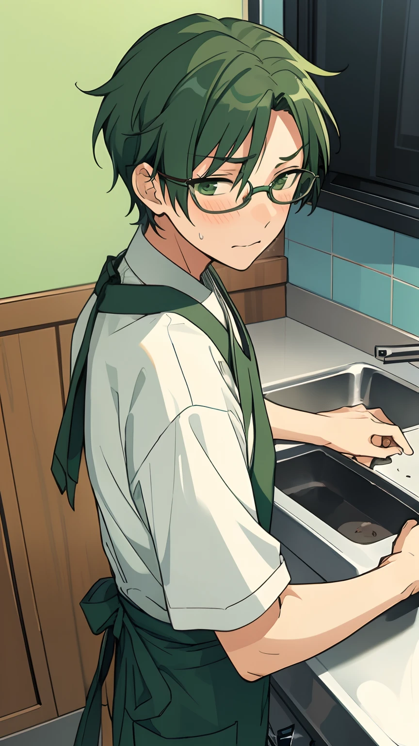 [hasumi keito, green hair, green eyes], [wearing grey color glasses:1.2], masterpiece, best quality, ultra-detailed, boy,[naked apron:1.3], sad, blushing, pretty artstyle, 1boy, solo, ensemble stars,kitchen