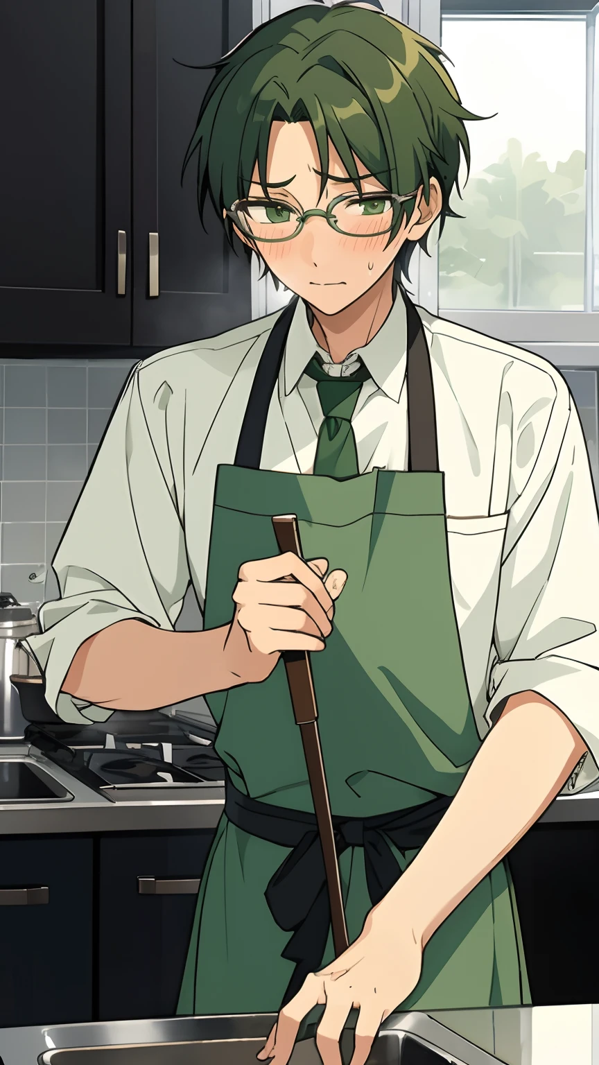 [hasumi keito, green hair, green eyes], [wearing grey color glasses:1.2], masterpiece, best quality, ultra-detailed, boy,[naked apron:1.3], sad, blushing, pretty artstyle, 1boy, solo, ensemble stars,kitchen