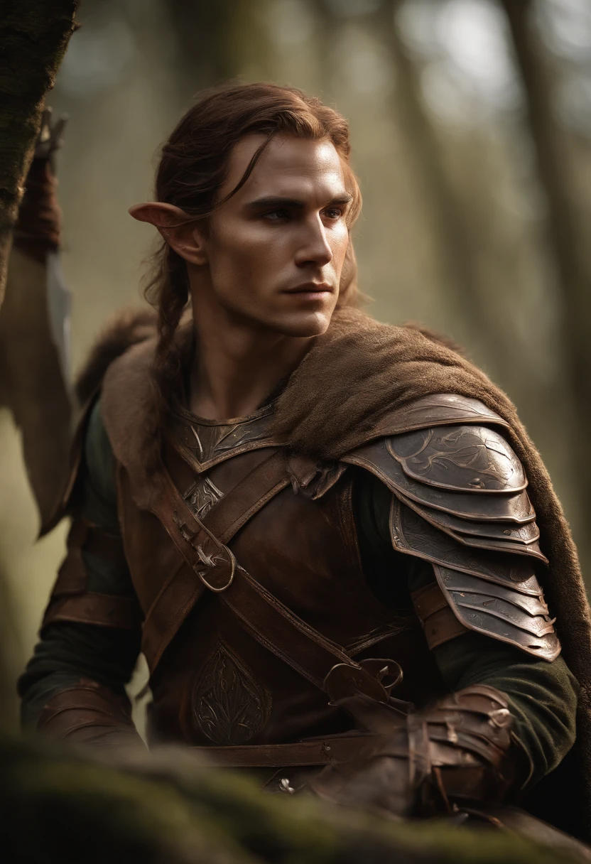 a close up of a elf with a longbow and face scars, copper, young elf male , with tattoos and scars on the body, male elf portrait, covered in scale armour, fit young male , concept art of god, muscular , young god, ranger male fantasy gloom stalker, detailed full body concept, wood elf ranger character, immortal, no wrinkles, sitting in tavern, blood covered face