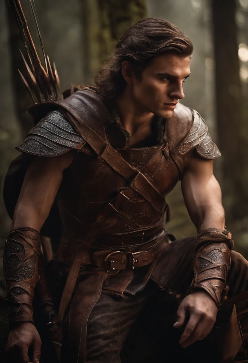 a close up of a elf with a longbow and face scars, copper, young elf male , with tattoos and scars on the body, male elf portrait, covered in scale armour, fit young male , concept art of god, muscular , young god, ranger male fantasy gloom stalker, detailed full body concept, wood elf ranger character, immortal, no wrinkles, sitting in tavern, blood covered face