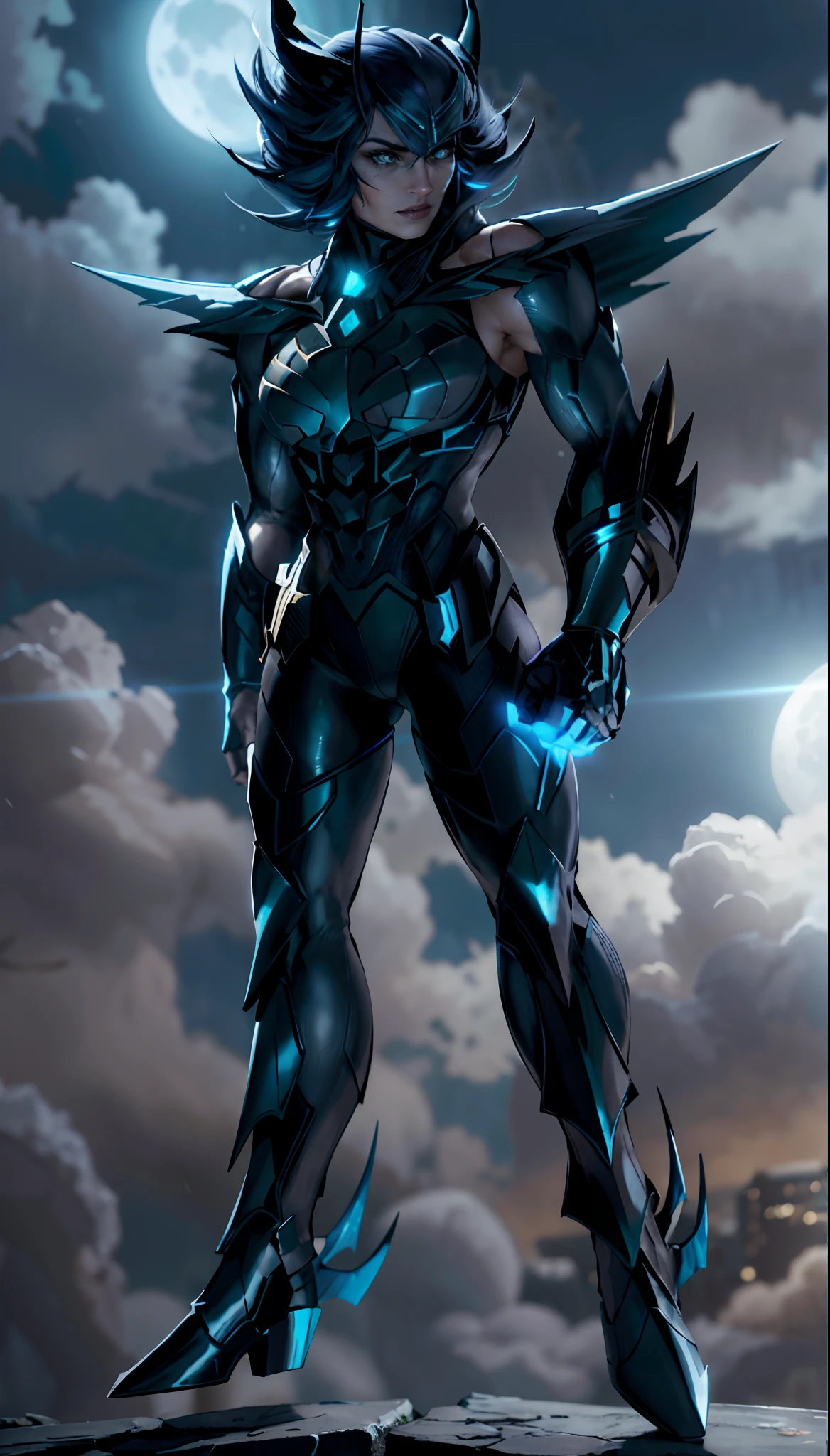 Batman from the dark knight stands imposing in a gothic lost city. Moonlight highlights your muscles and scars. The scenery is lush and mysterious, with futuristic tech and surroundings. The camera details everything, a warrior woman, in front of him.