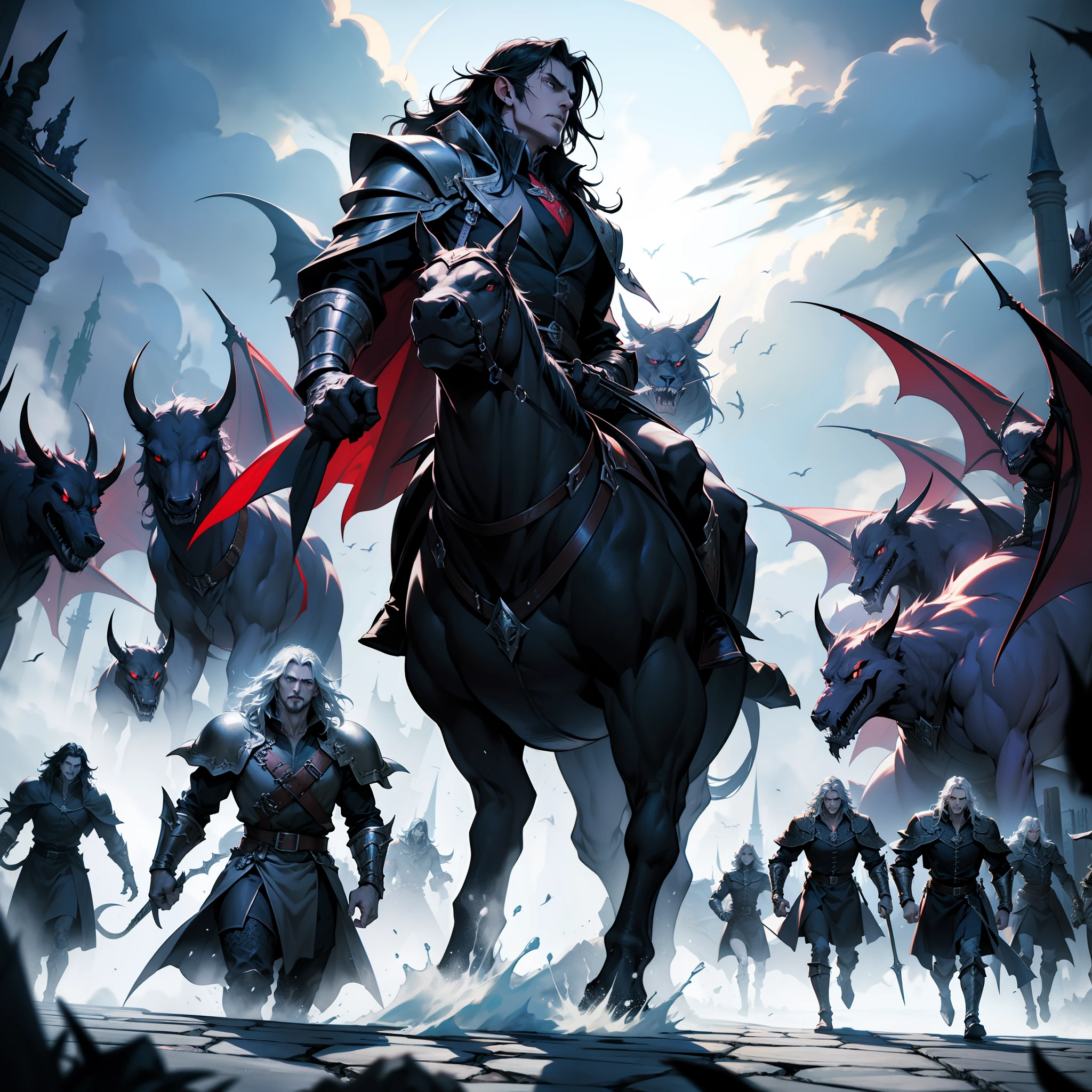 Castlevania Lord of the shadows hyper realistic super detailed hyper realistic super detailed Dynamic shot of lord Dracula leading troops army of demons to battle sharp détails