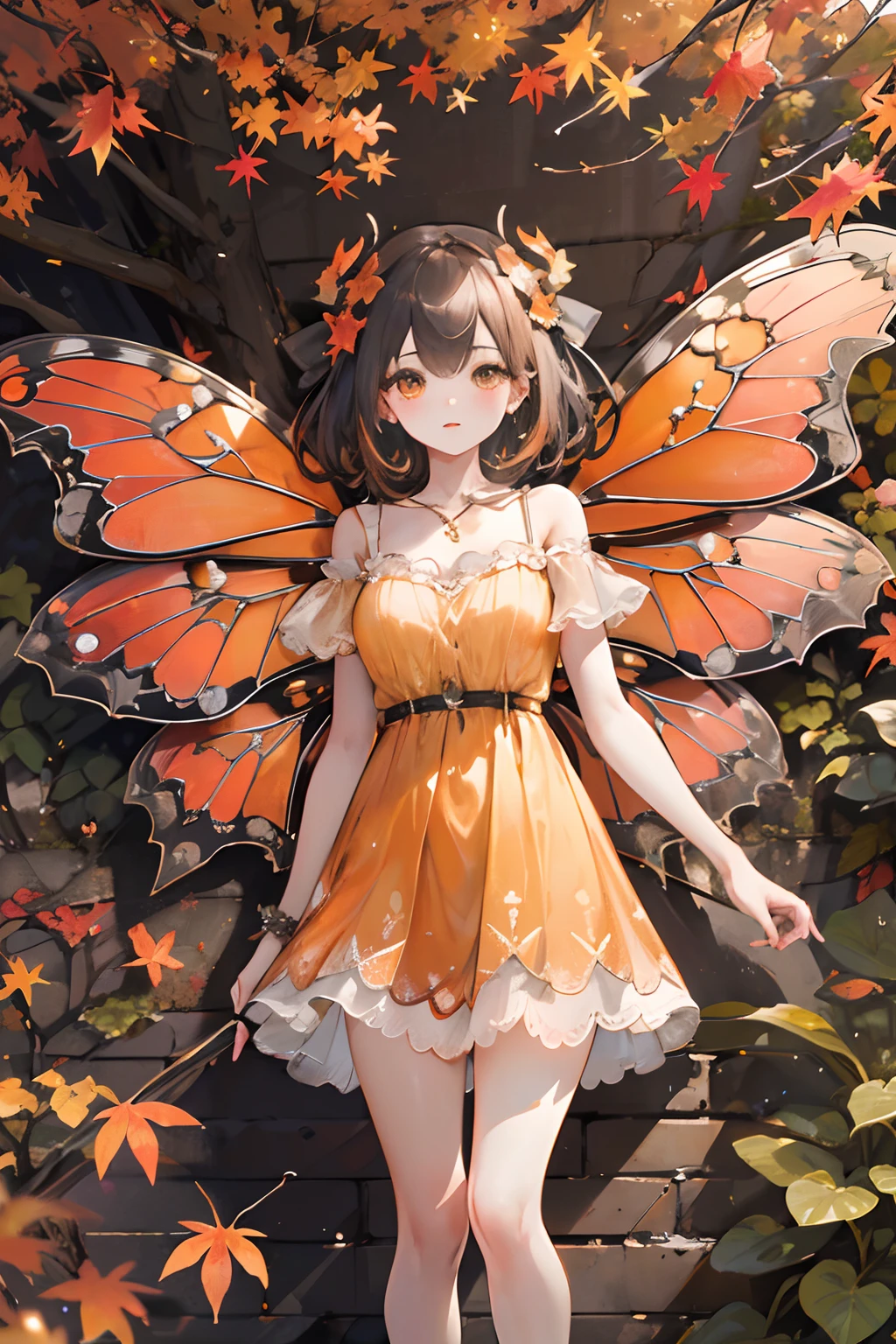 (masterpiece, best quality, high quality, highres, ultra-detailed), autumn scenery, falling leaves, warm color. 1girl with orange butterfly wings, beautiful, pretty,orange dress, standing