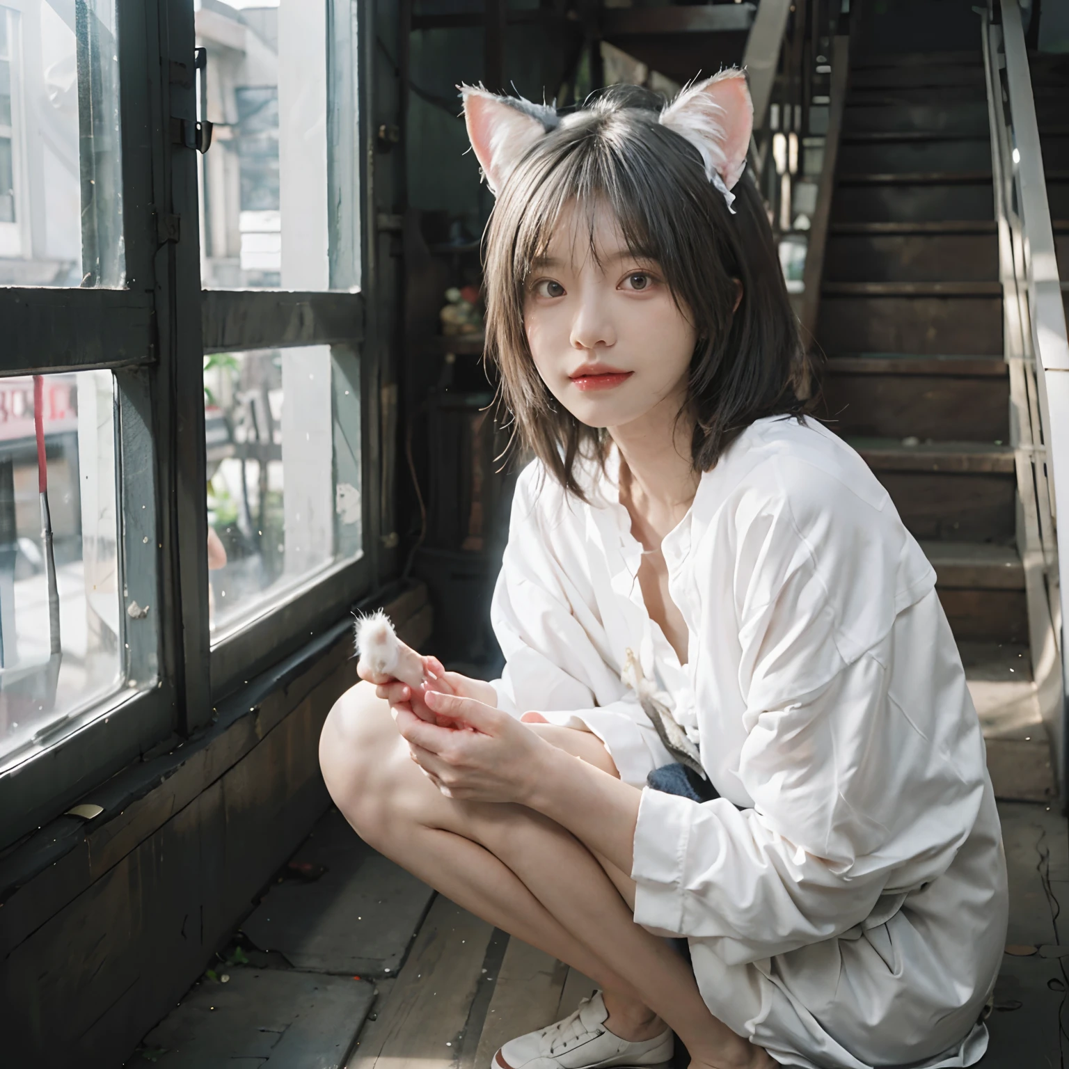 8K,NSFW、stairway、(whitish hair) 、undersized head、White hair、Best Quality, masutepiece, Ultra High Resolution, (Realism: 1.4), Original photo, Colors inspired by red、(True skin texture: 1.3), (Film grain: 1.3), Beautiful eyes and face details, masutepiece, Best Quality, close up, Full body, Look at the viewer,Red Ribbon、Bob cut with gray hair、18year old、White cat ears