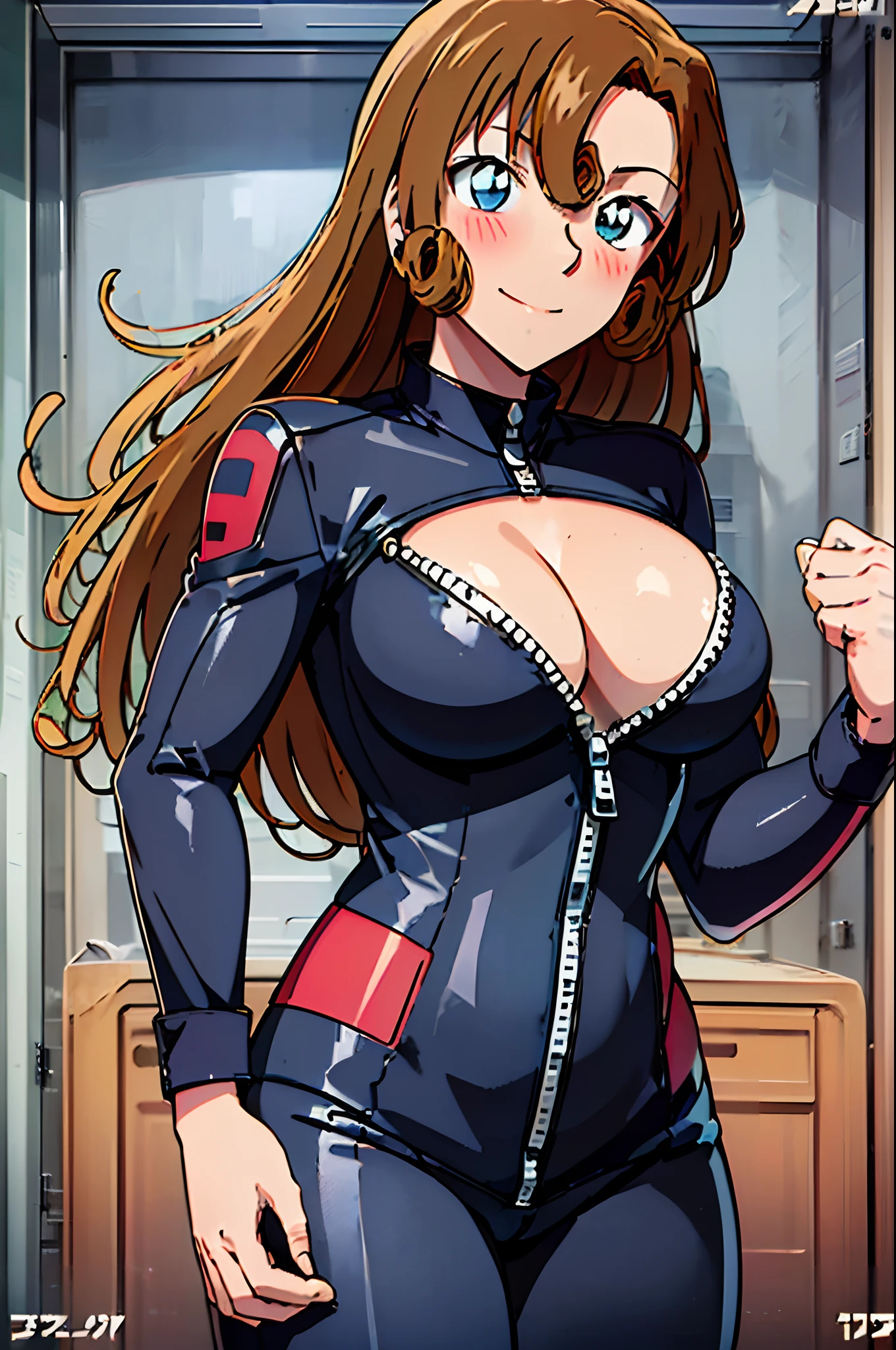 front view, cowboy shot, ultra detailed face, best quality, anime style, hires, highest definition, digital blending, bold drawing lines, ((female biker), (slender body), mature woman, milf, (black  only, one color only, one piece, normal catsuit, half zipped, cover whole body, motorbike suit, collar band) victorious, gorgeous, winner, not blushing, confident face, smile, (closed mouth), (pale skin, shiny skin, lighting and shadow), (cleavage), (clean face), (only one arm stretching),closed fists, (brown, curly hair, long hair, curly bangs), 37 years old,