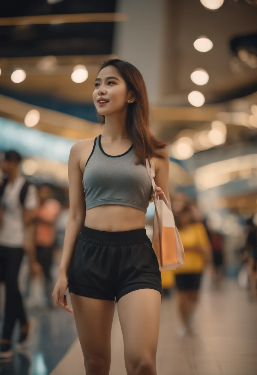 Malaysian girl wearing sport shorts, crop top, shopping centre, crowded people, bokeh, realistic lighting, realistic photo, cinematic color grading, 8k high quality photo, ultra high quality