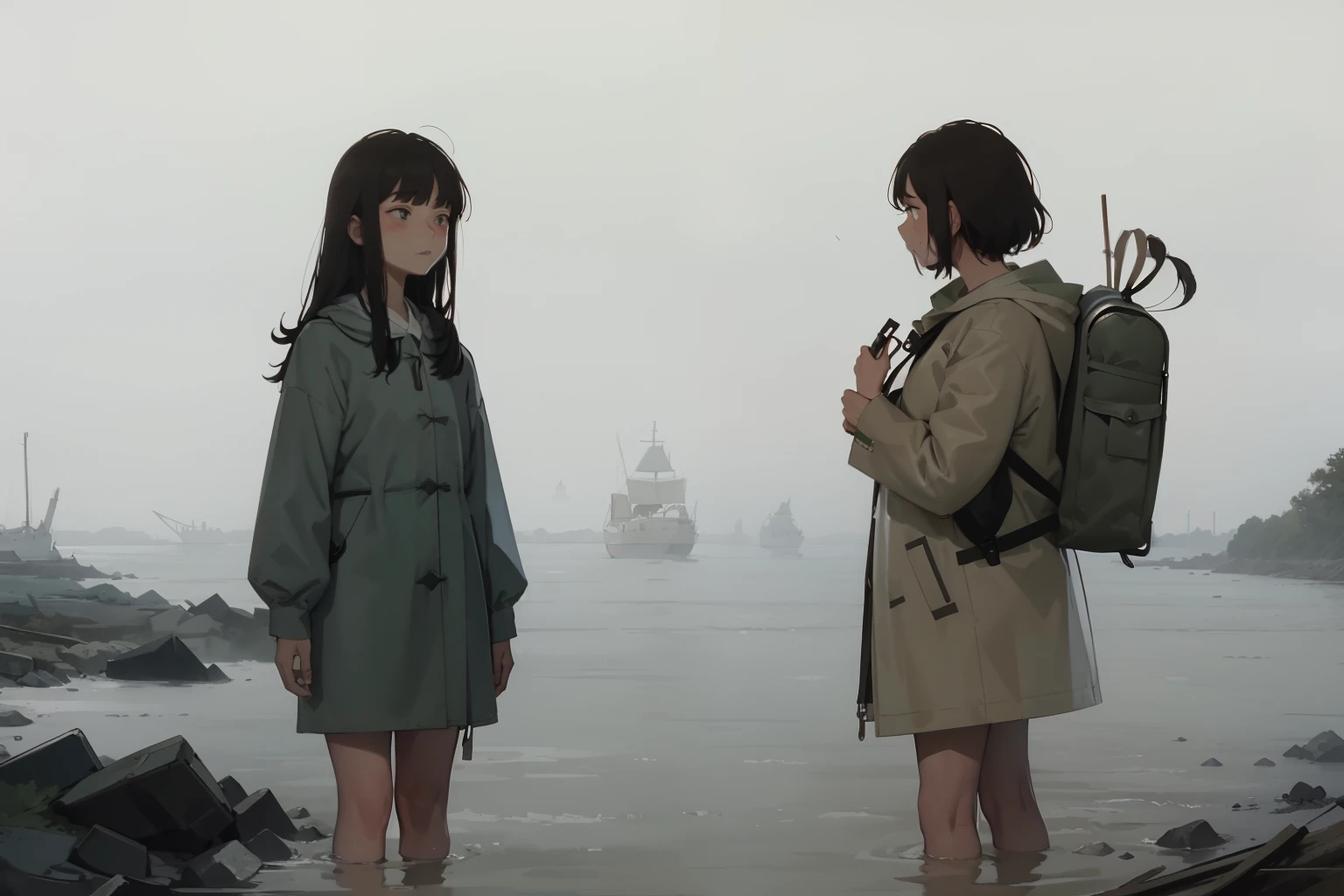 masterpiece, best quality, 2girls, (closeup), 18yo teen, slim, small breast, walk knee-deep in water, sad, tired, dirty face, green raincoat, hoods on, goggles on head, (backpacks), military pants, heavy rain, downpour, flood, wasteland, grassland, marsh,, grey, desolate, rain, dark, watercolor, analog