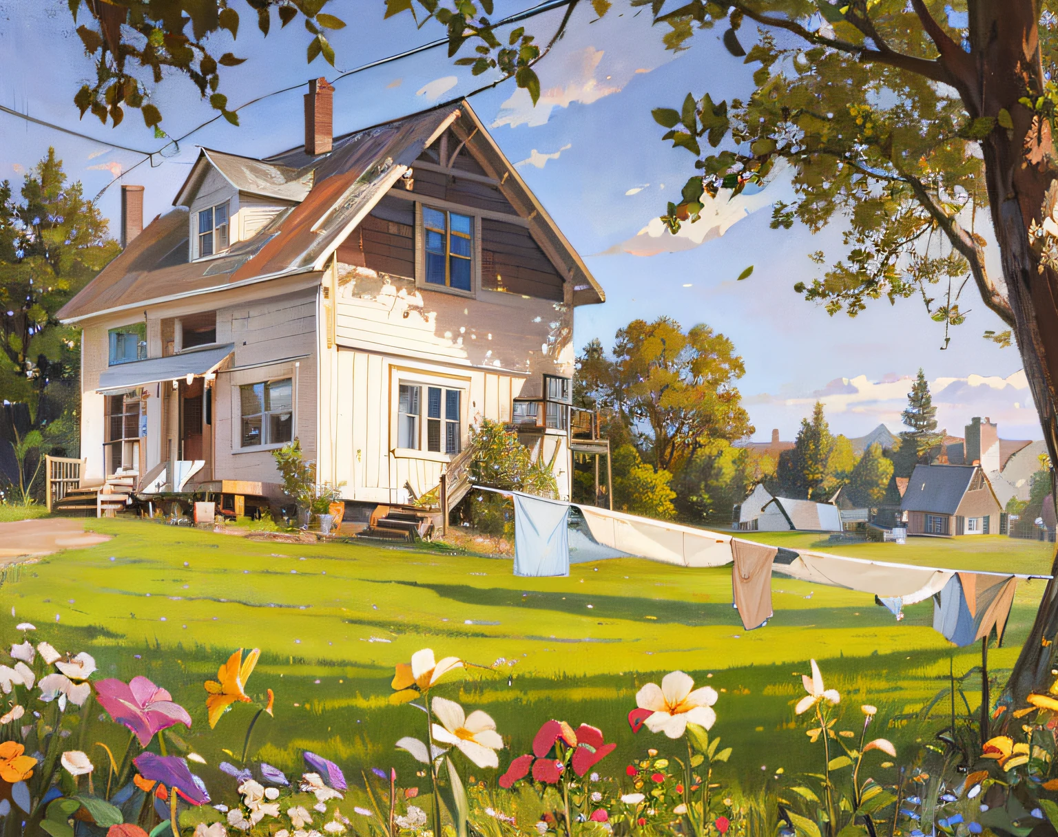 painting of a house with clothes drying on a clothes line, summer afternoon, cottagecore!!, darrell k sweet, idyllic cottage, beatiful house, american realism style, cottagecore, by James Sessions American painter, by Harold Sandys Williamson, home and garden, by Howard Lyon, beautiful artist rendering, by Art Frahm, sunny afternoon