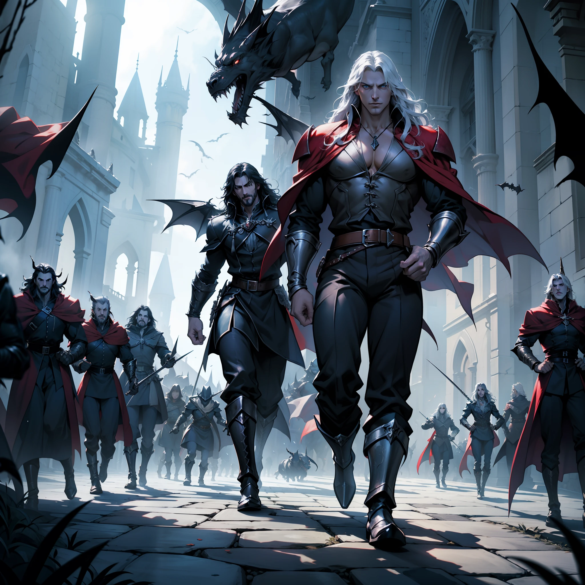 Castlevania Lord of the shadows hyper realistic super detailed hyper realistic super detailed Dynamic shot of lord Dracula leading troops army of demons to battle sharp détails