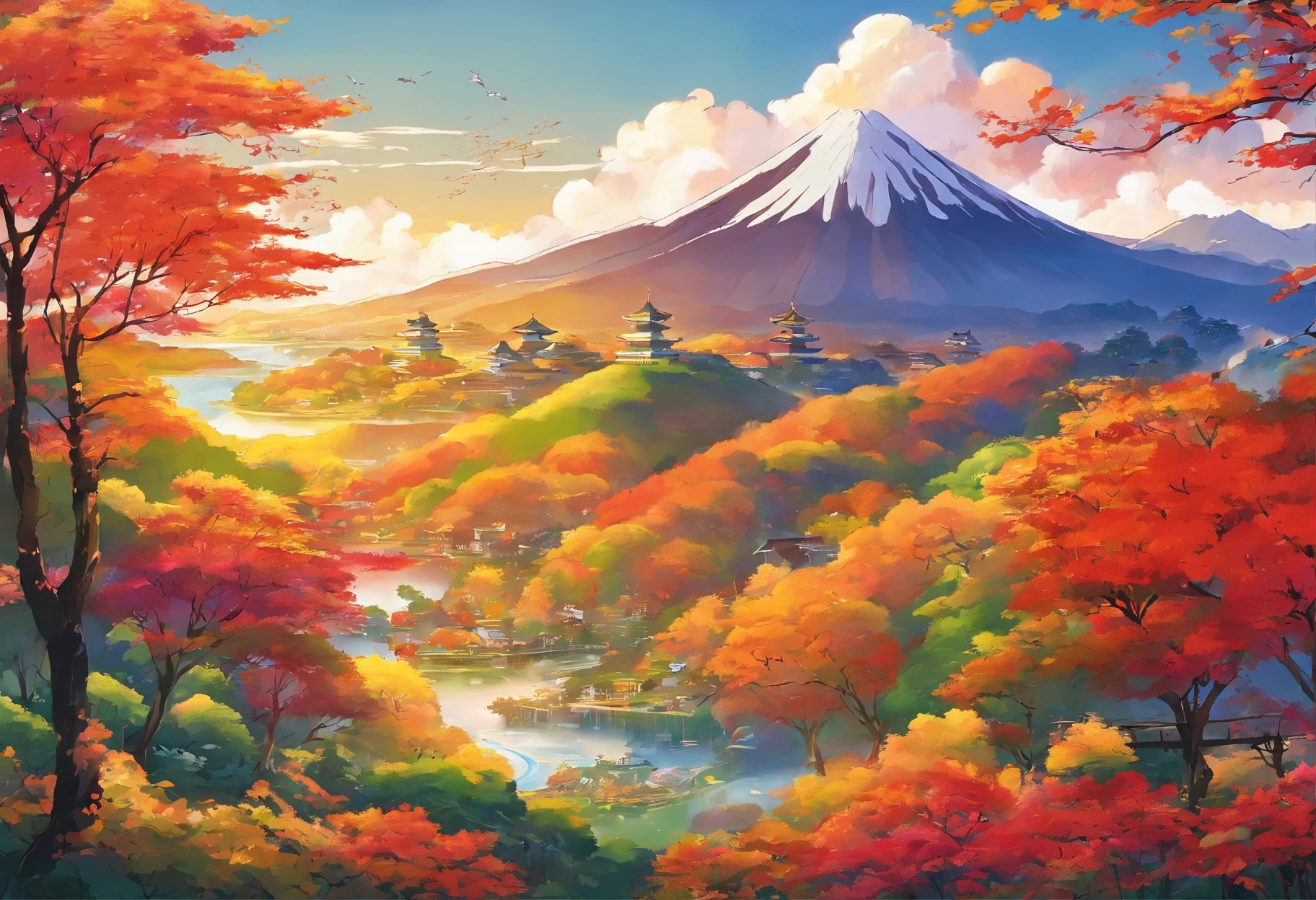 A vibrant and colorful depiction of the changing seasons, with a focus on the beauty of autumn. The image should show a landscape filled with rich, warm colors, such as reds, oranges, and yellows, as leaves turn and fall from trees. The scene should also include elements such as rolling hills, winding rivers, and towering mountains, all bathed in the golden light of the setting sun. The overall mood of the image should be one of serenity and beauty, reflecting the natural cycle of life and death that occurs during the autumn months.