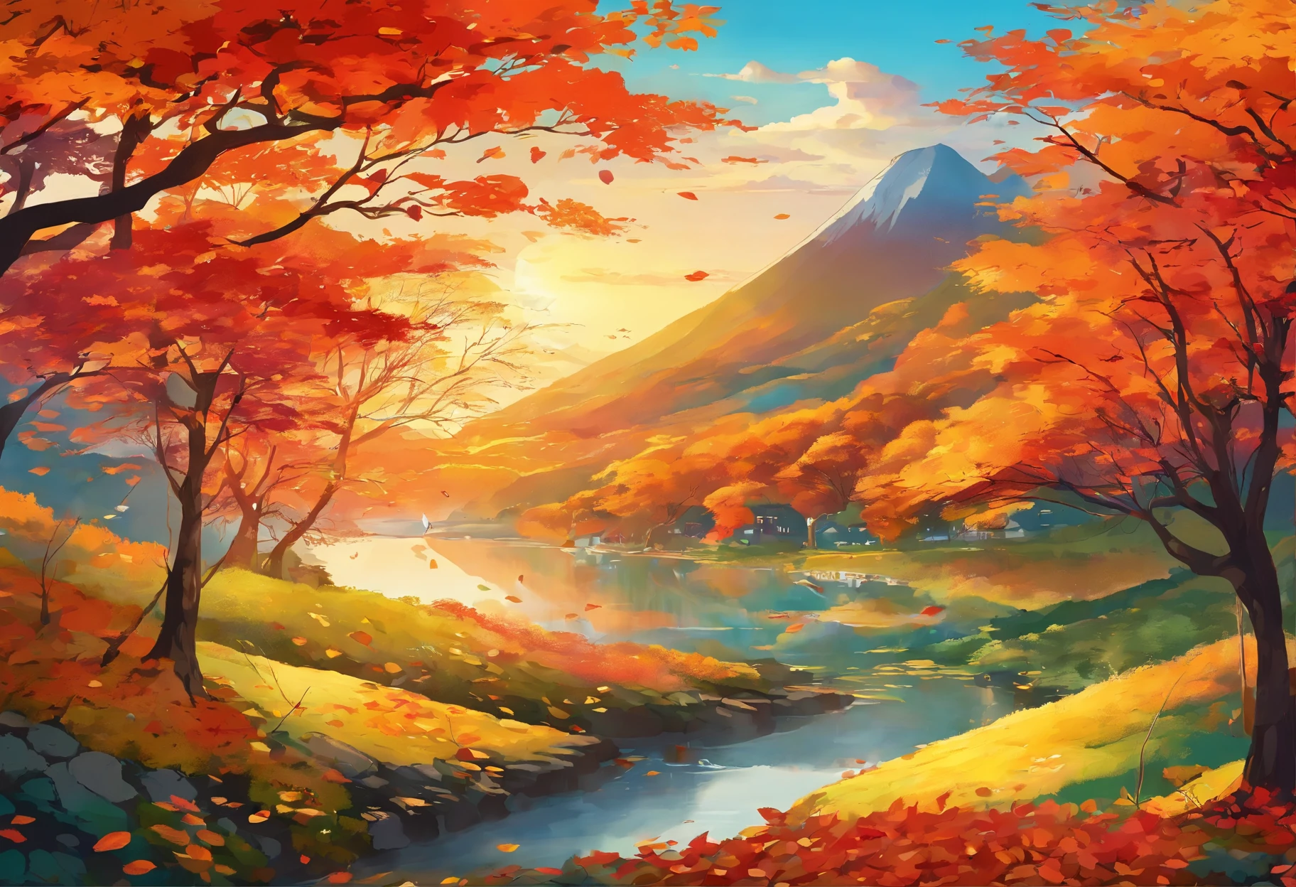 A vibrant and colorful depiction of the changing seasons, with a focus on the beauty of autumn. The image should show a landscape filled with rich, warm colors, such as reds, oranges, and yellows, as leaves turn and fall from trees. The scene should also include elements such as rolling hills, winding rivers, and towering mountains, all bathed in the golden light of the setting sun. The overall mood of the image should be one of serenity and beauty, reflecting the natural cycle of life and death that occurs during the autumn months.