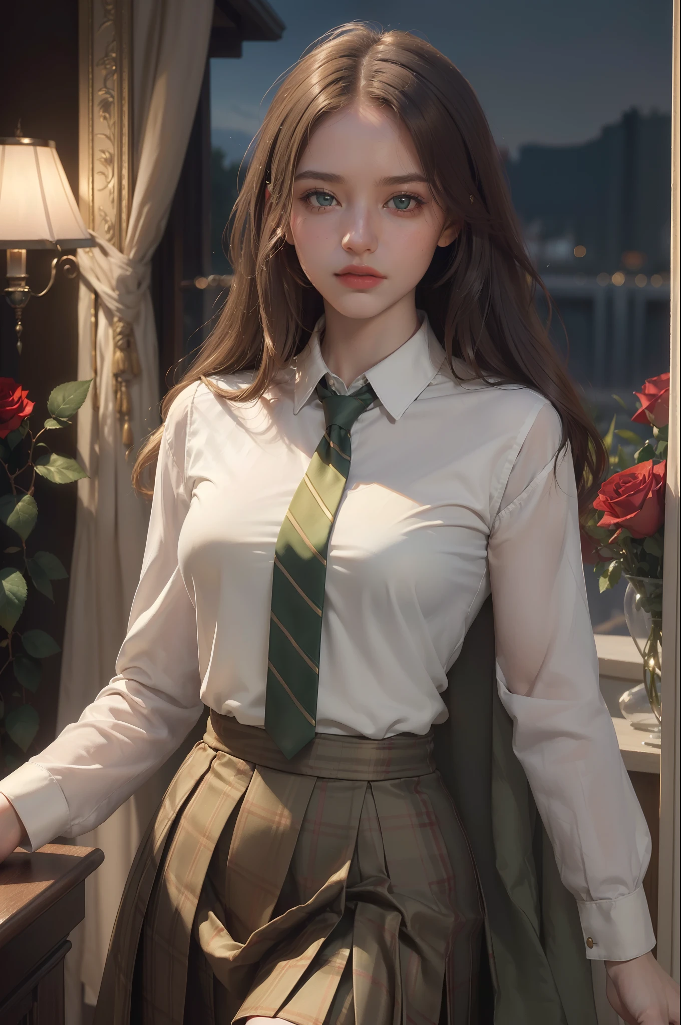 Transparent ultra-thin panties，best quality、16K High Resolution、Very detailed、masterpiece、Live shooting、Practical:1.4、Surrealism:1.4、Clear focus、Very delicate and beautiful、nitty gritty、1 female、(European:1.2)、(Blonde)、(Spread your legs:1.3)、(no panties:1.3)、(National Foundation:1.1)、 (Sitting at the table)、(Super beautiful)、(Pretty Face:1.5)、(Ponytail, stocking)、(Delicate face)、(beautiful eyes)、Perfect round eyes、(Delicate lips)、Lipstick、(Eyeliner)、mascara、Eyeshadow、(Military Green Pencil Skirt,)、White shirt、Green set, tie、In NSFW