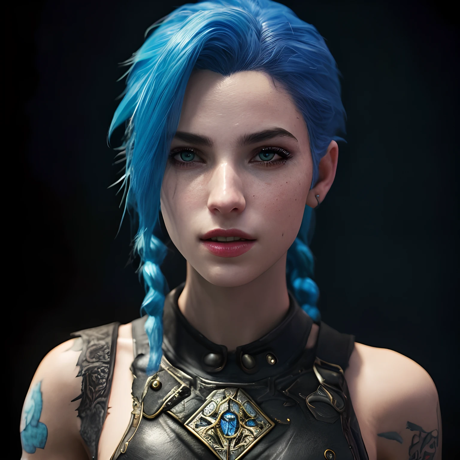 Oil painting style, best quality, masterpiece, 8k, ultra high res, (photorealistic:1.4), highly detailed, intricate detail, delicate and beautiful, good lighting, professional lighting, sharp focus, detailed shadows, exquisite details and textures, depth of field, unity 8k wallpaper, HDR (high dynamic range), Ray Tracing , NVIDIA RTX, (melhor qualidade), (ultra-detalhado), (ultrarrealista: 1.2), ultra high-resolution, ((fotorrealista: 1.4), corpo completo, There is a woman with blue hair and a leather top, 8k portrait render, Personagem pequeno. Motor Unreal 5, motor Unreal, Retrato do humanoide feminino, Retrato de Jinx de Arcane, personagem feminina, protagonista feminina, cinematic full character, personagem de fantasia hiperdetalhado, com cabelo azul