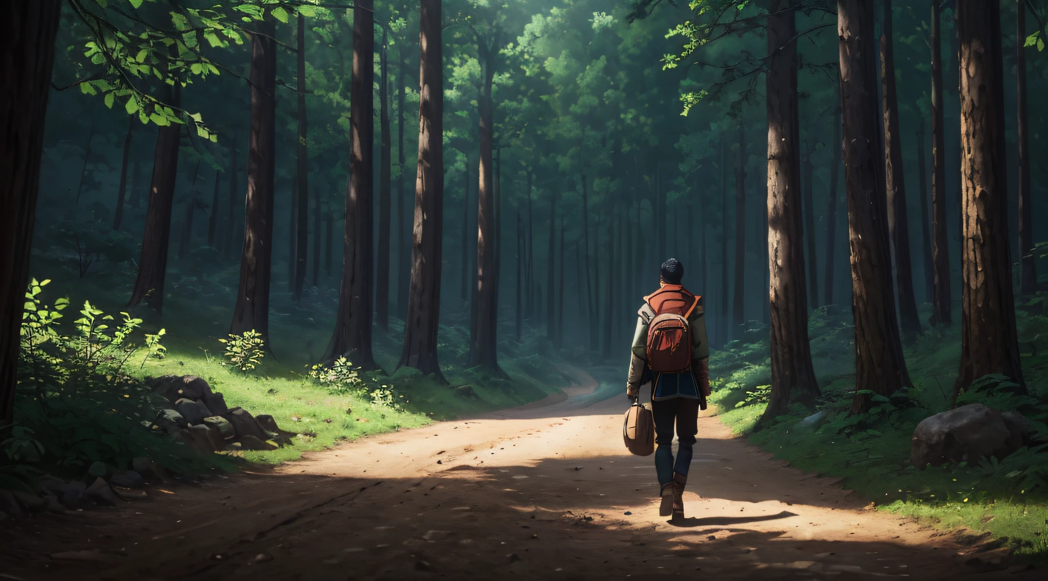 "Create a captivating image of Ario, a young adventurer, standing at the threshold of his journey. Ario is depicted with a satchel slung over his shoulder, filled with essentials for his quest. His expression is one of unwavering determination and excitement for the adventures that lie ahead. The scene is set at the entrance of a rustic forest path, with sunlight filtering through the trees. The shot type is a medium shot, focusing on Ario's character and his surroundings. The camera lens used is a 50mm lens for a natural perspective. The lighting is warm and inviting, symbolizing the optimism of the beginning. The resolution should be 8K to capture Ario's expression and the details of the forest path."